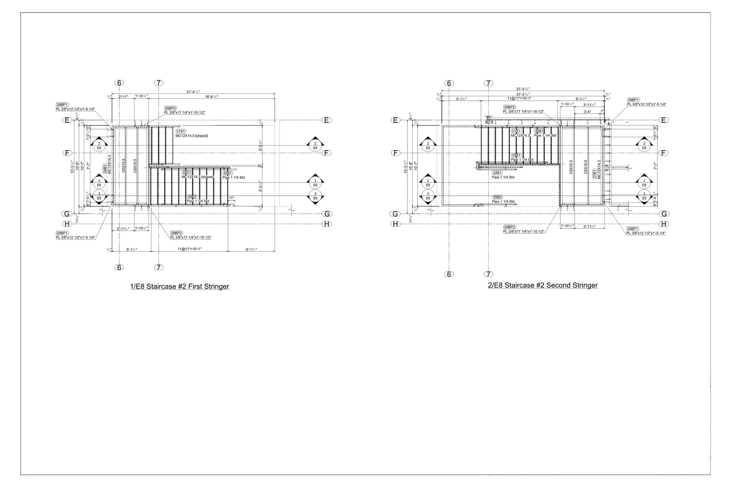Architectural blueprint of two staircases, labeled '1/E8 Staircase #2 First Stringer' and '2/E8 Staircase #2 Second Stringer,' showing detailed measurements and structural components.