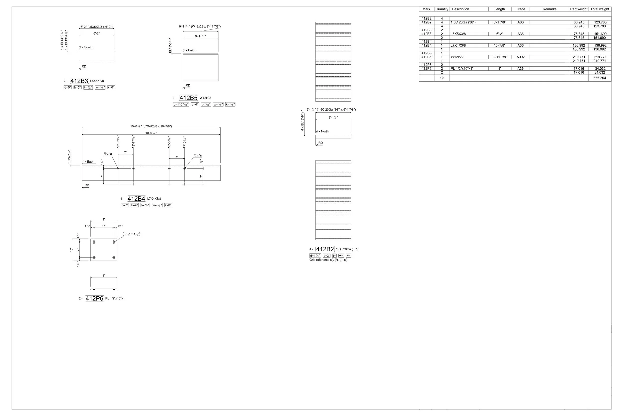 Technical engineering drawing with detailed measurements, labels, and specifications for construction or manufacturing parts, including various views and dimensions.