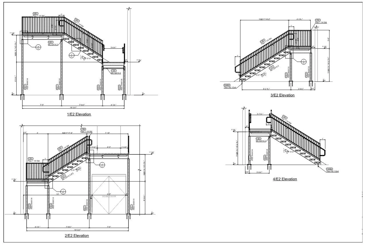 Architectural blueprint of a staircase with front and side elevation views, including dimensions and construction details.