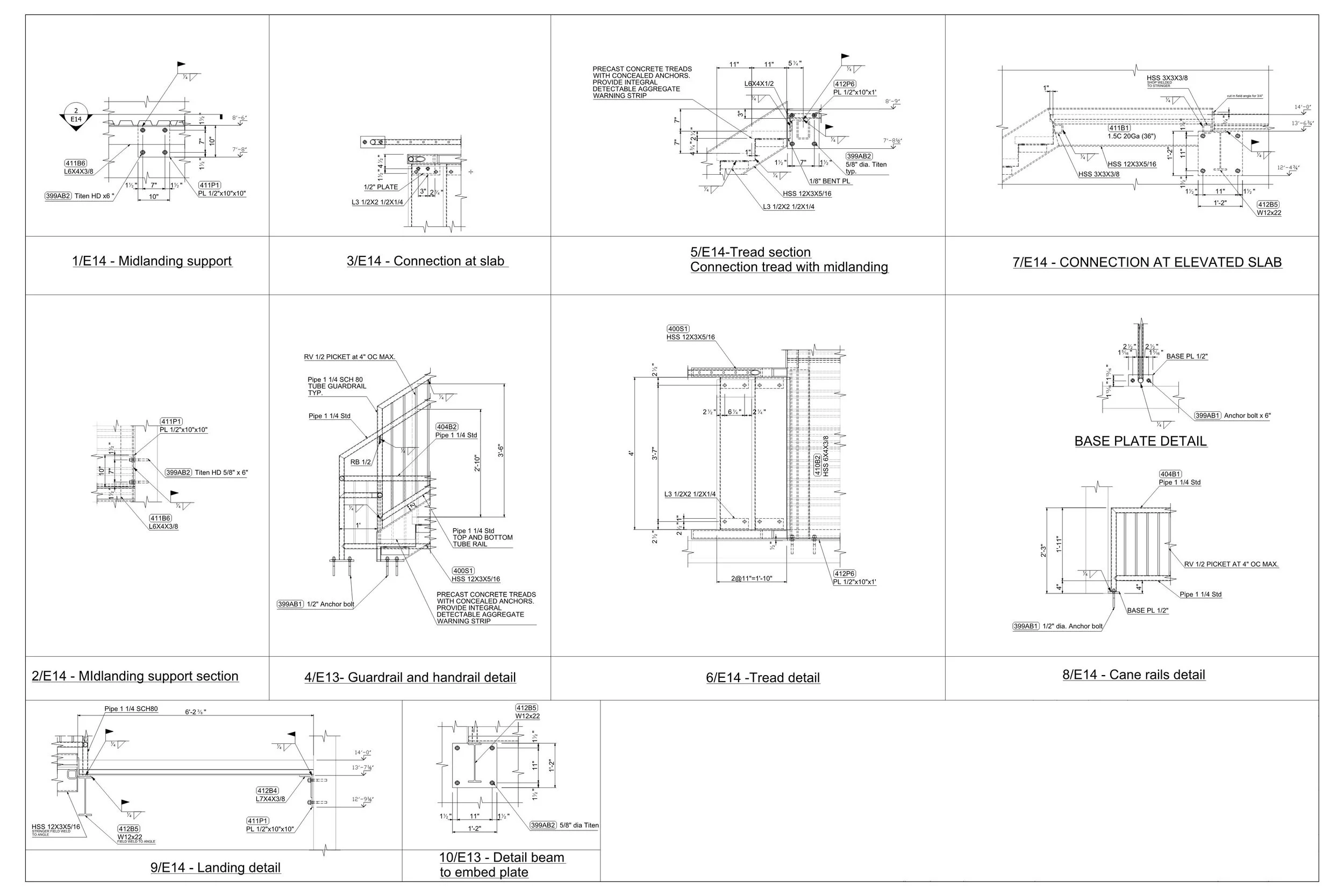 A detailed engineering blueprint for a construction project, showing various sections and details of concrete supports, slabs, guardrails, handrails, and embed plates.