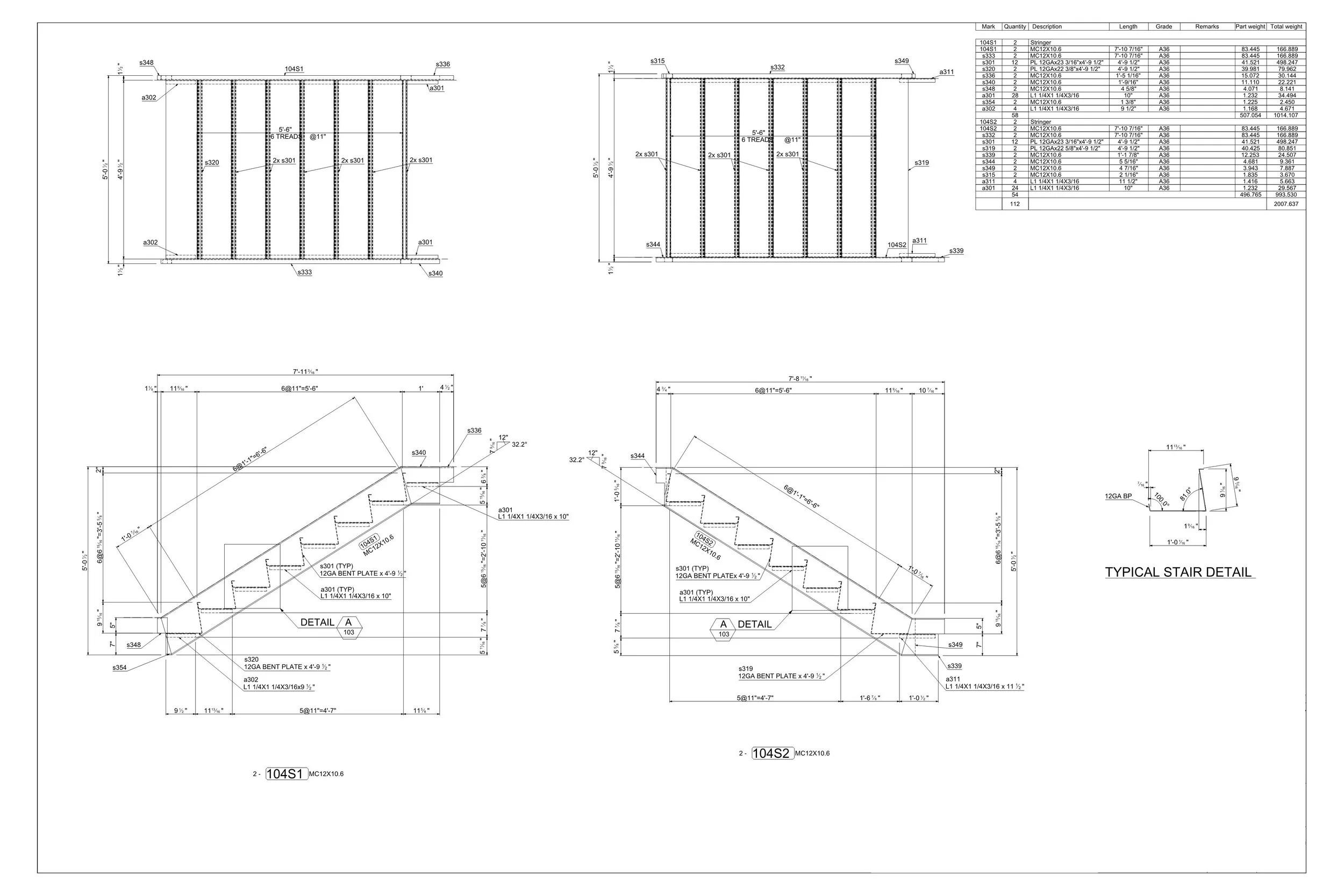 Engineering blueprint with detailed technical drawings of stairs and structural elements, including side views, cross-sections, and a parts list.