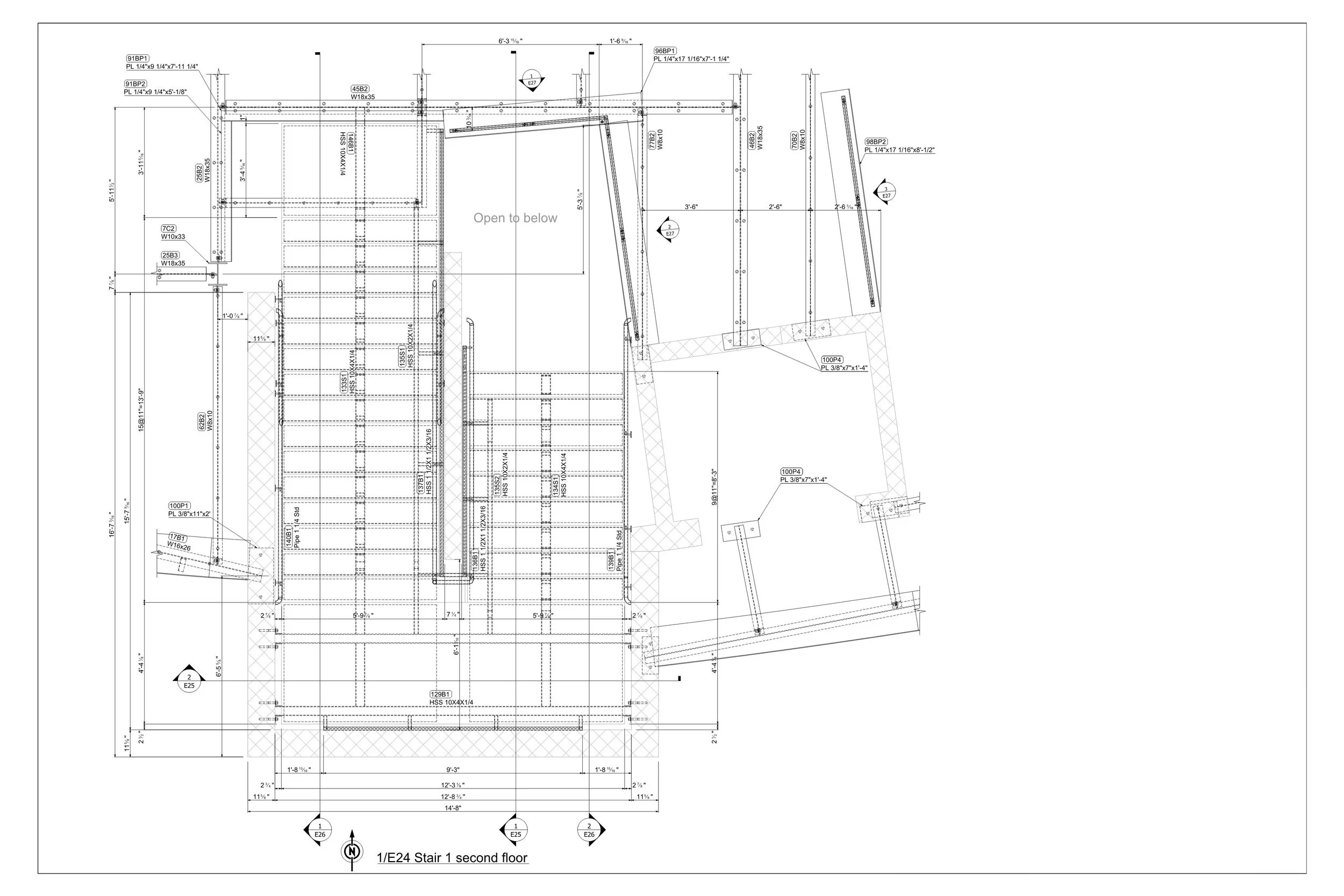 Architectural blueprint of a building's second floor, showing staircases, walls, and structural details with measurements and annotations.