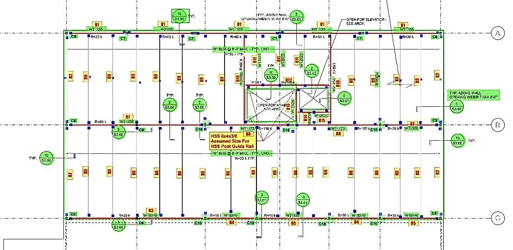 This is a detailed construction or engineering floor plan with various symbols, measurements, and labels indicating structural components, electrical details, and specifications.