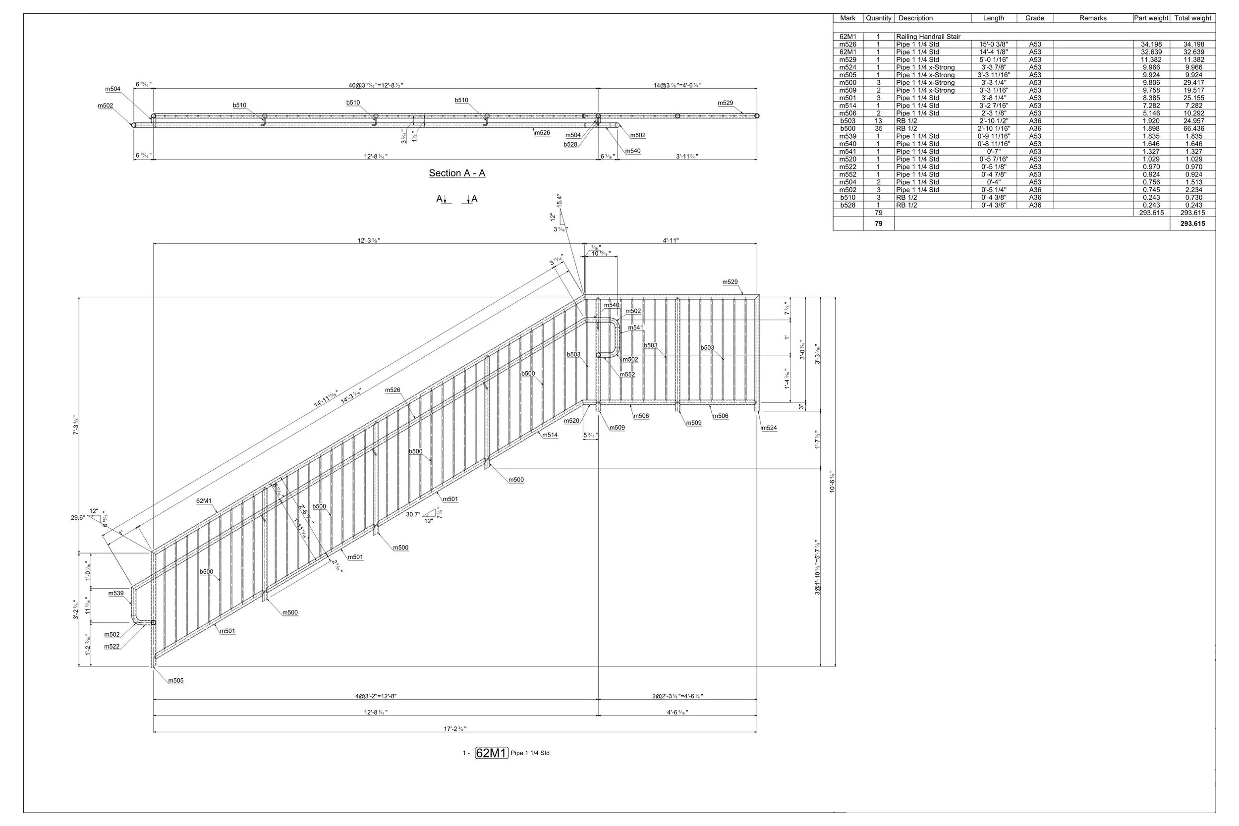 Technical blueprint of a railing handrail stair design with detailed measurements, section views, and a parts list.