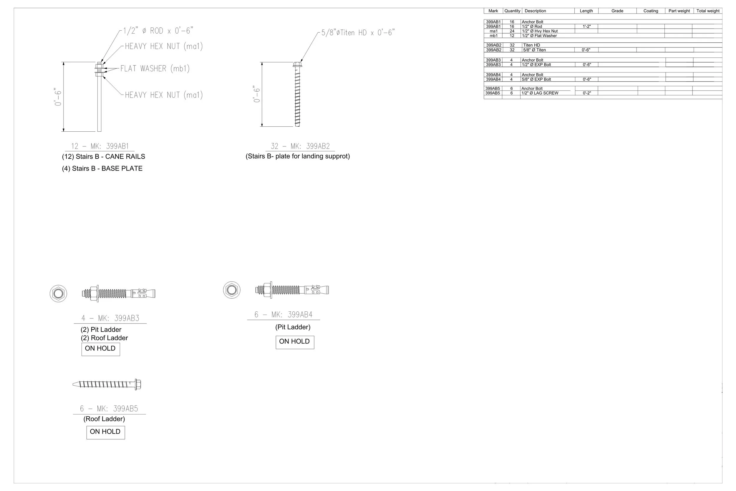 Technical engineering drawing of construction fasteners, including details of stairs, base plates, pit ladder, roof ladder, and anchor bolts with labels and part descriptions.