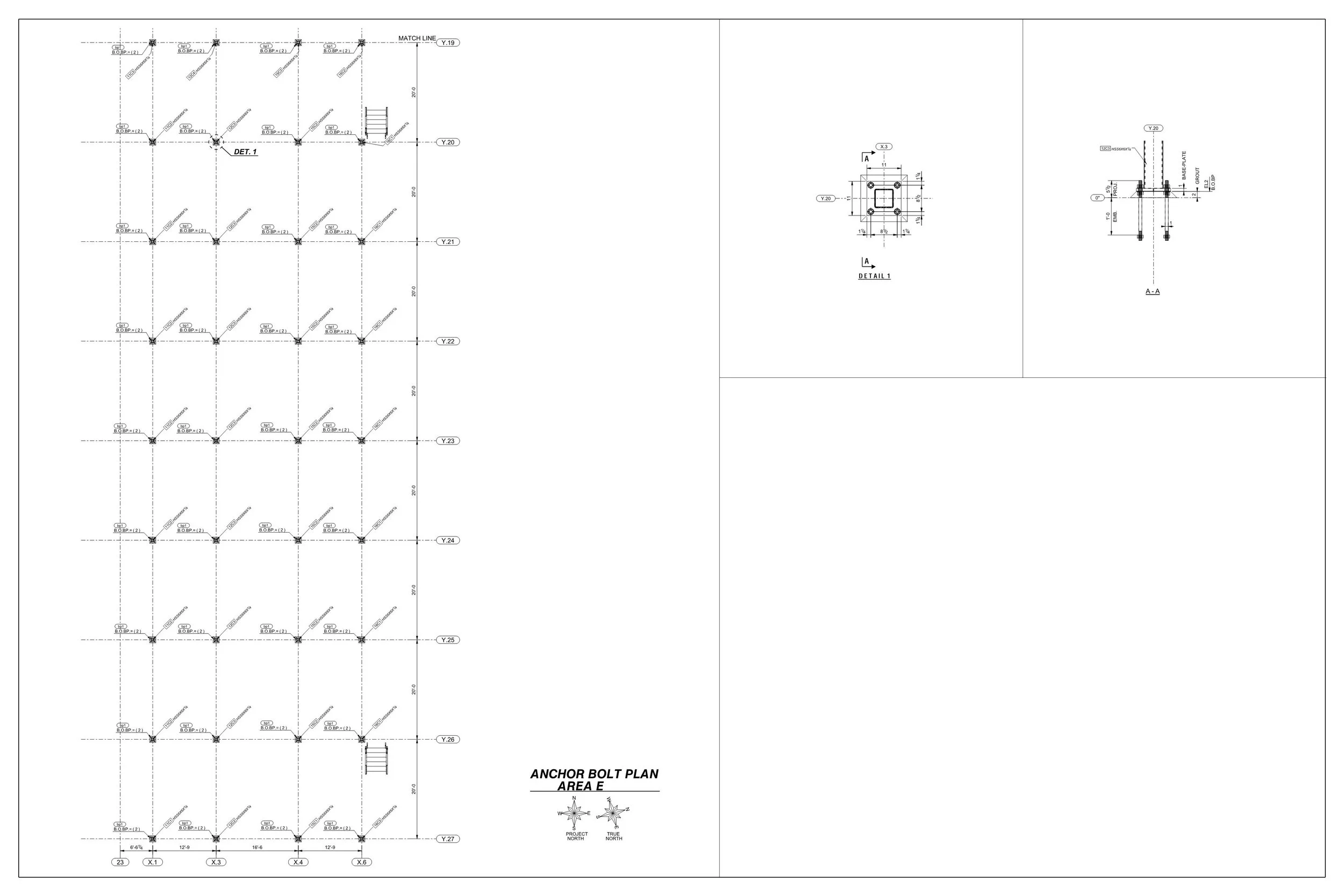 Technical anchor bolt plan drawing with detailed specifications and diagrams.