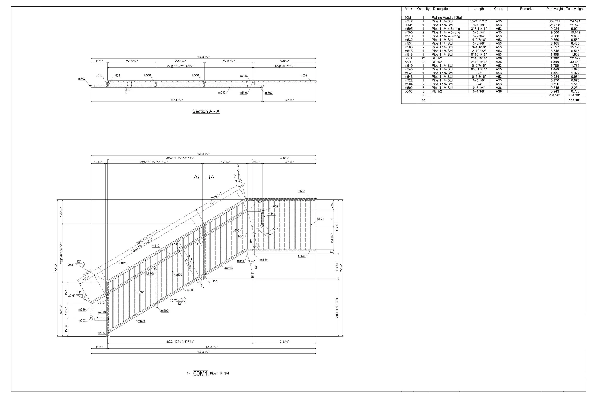 Technical blueprint drawing of a staircase with detailed measurements, specifications, and part references.
