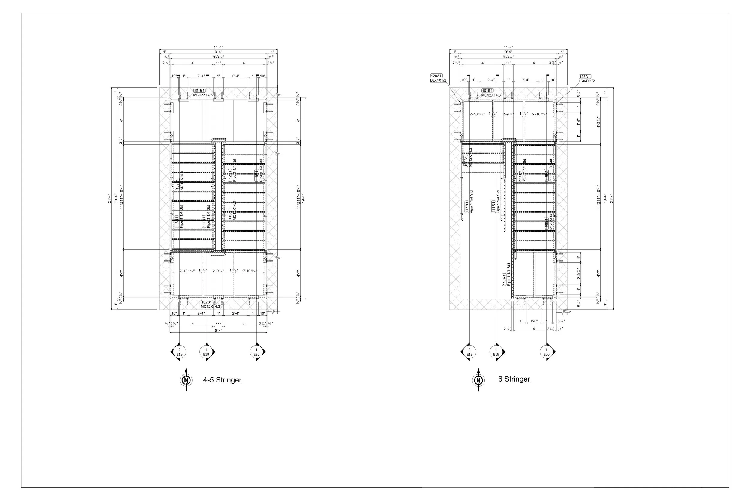 Architectural blueprint showing two different designs of a building with detailed measurements and annotations, one labeled '4-5 Stringer' and the other '6 Stringer'.