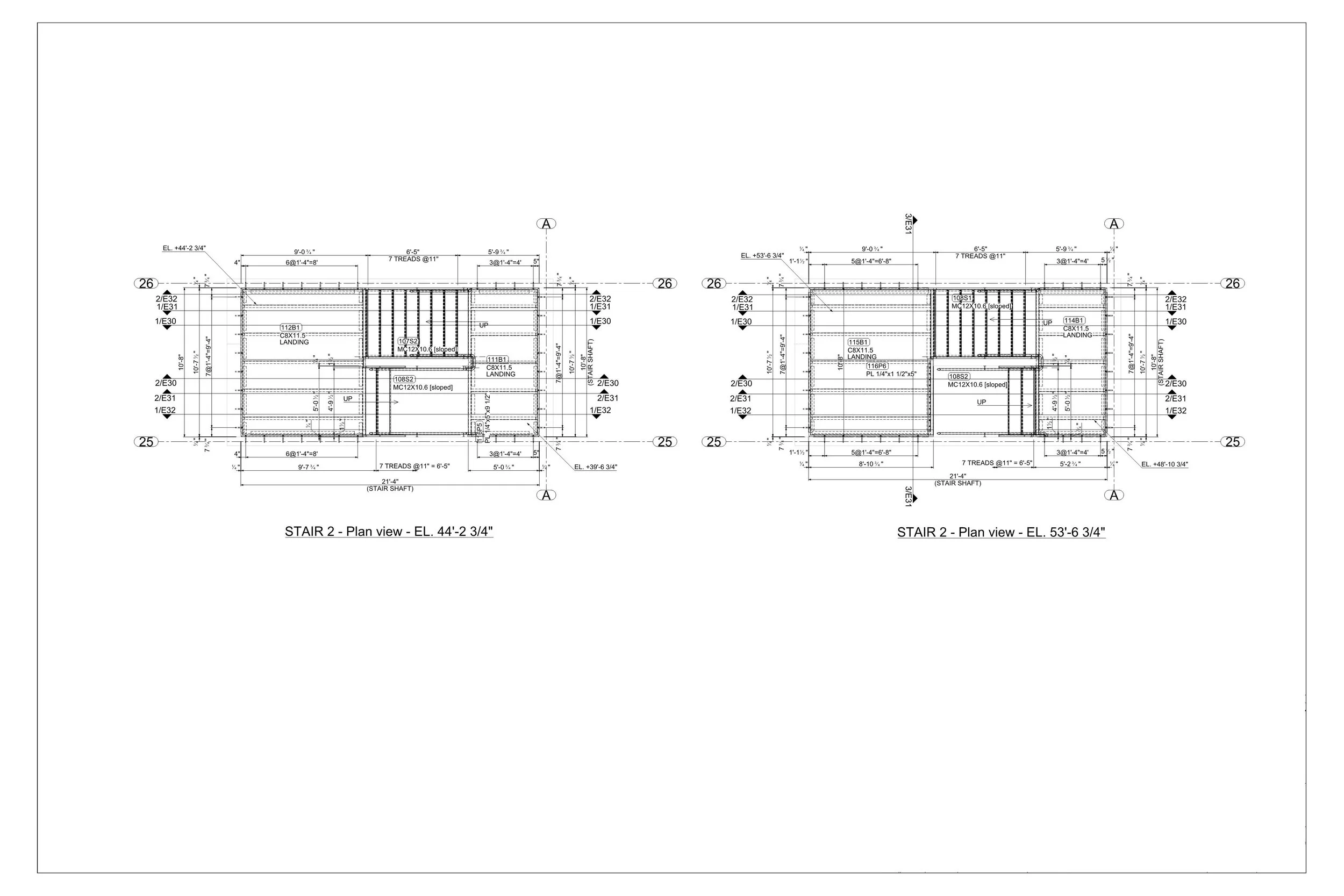 Architectural blueprint of staircase design, showing two plan views labeled 'Stair 2 - Plan view - EL. 44'-2 3/4"' and 'Stair 2 - Plan view - EL. 53'-6 3/4"', with detailed measurements and construction details.