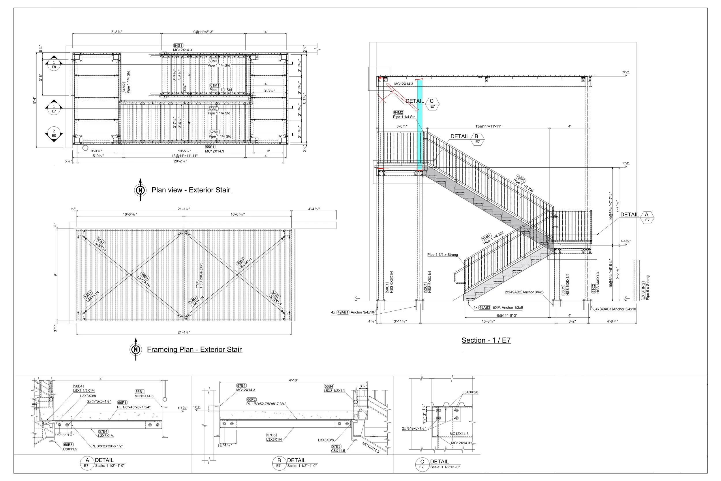Architectural blueprint of an exterior staircase, including plan views, framing plans, section views, and detailed components with measurements and labels.