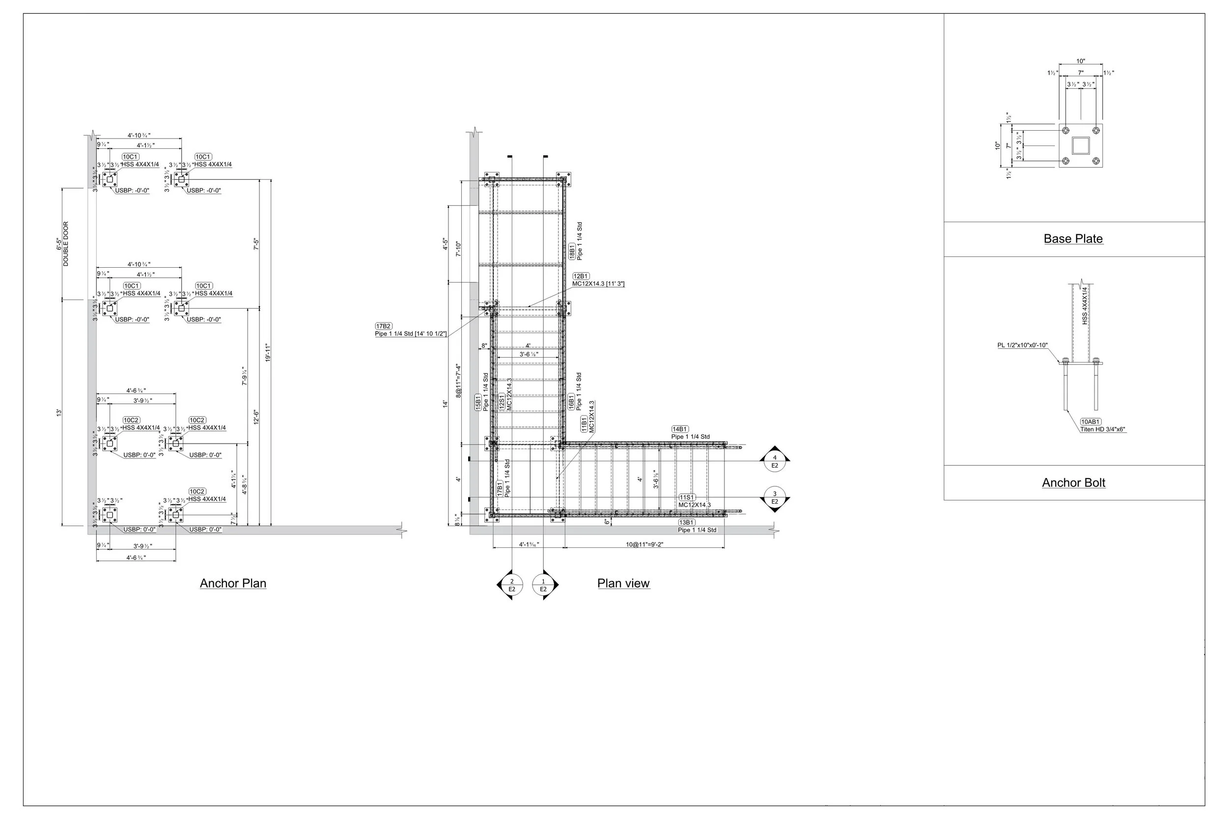 Technical engineering drawing with anchor plan, plan view, base plate, and anchor bolt details, including measurements and specifications.