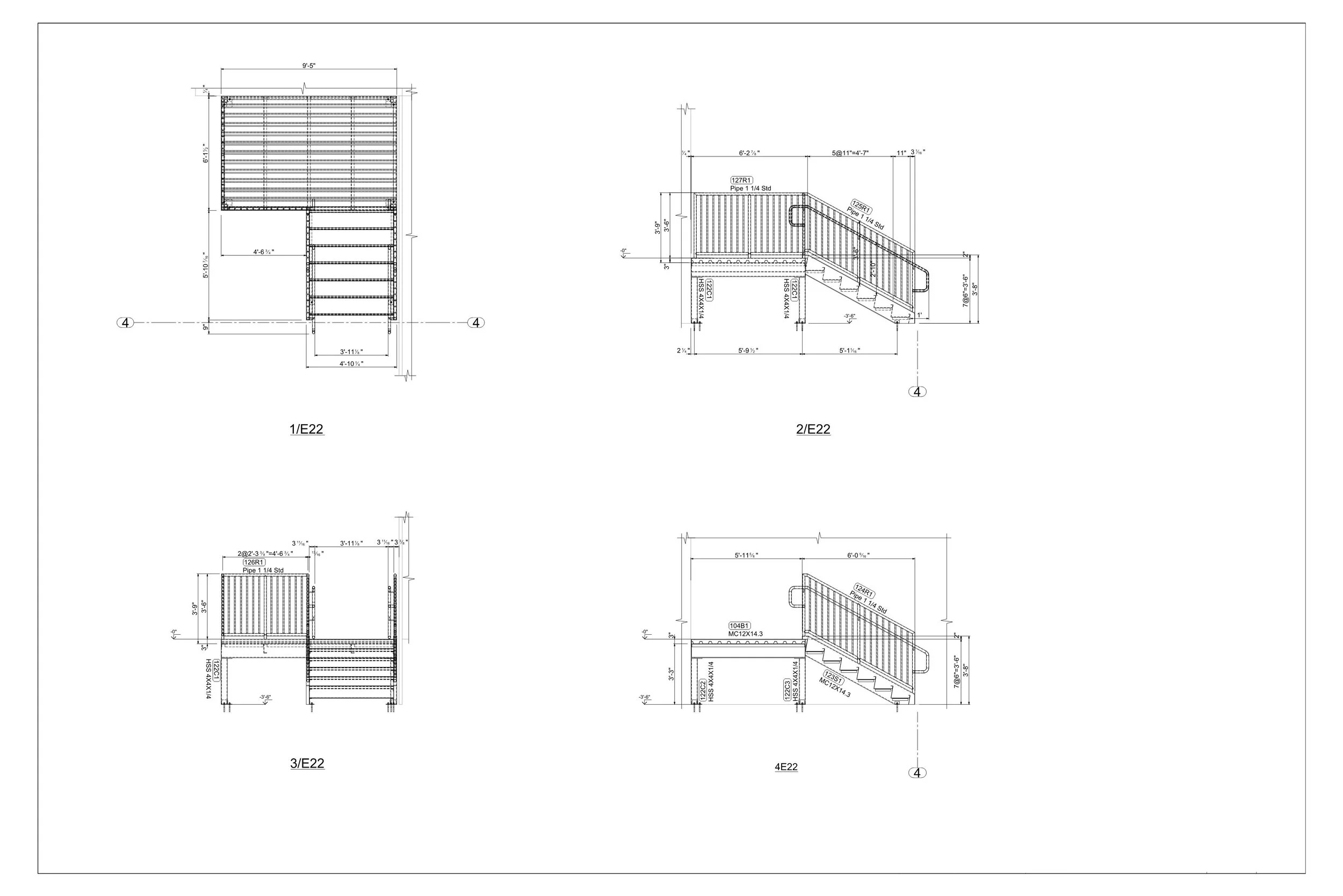 Technical drawing of a staircase with multiple views including front, side, and top views, with detailed measurements and annotations.