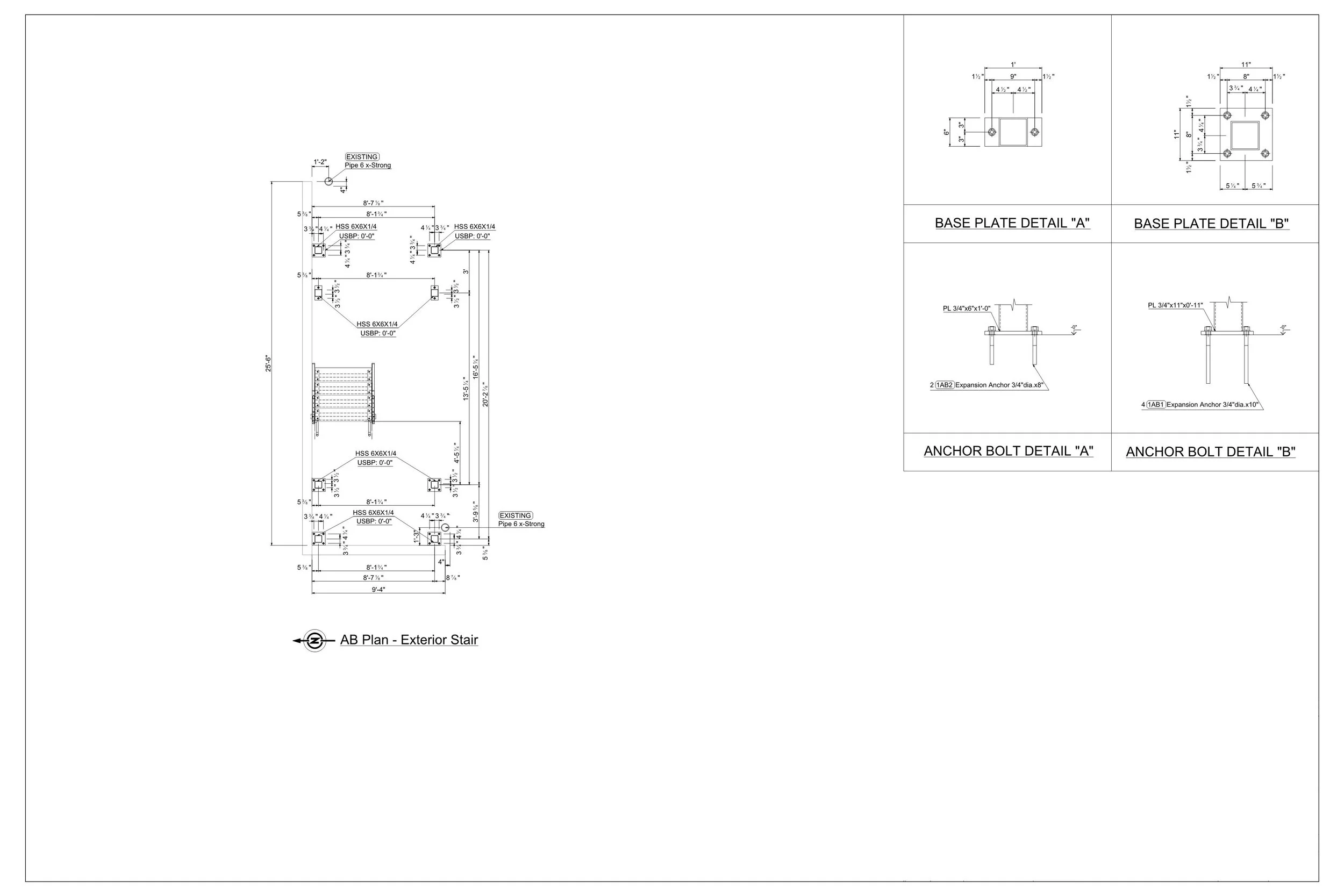 Technical drawing of an exterior stair plan with detailed dimensions, annotations, and specifications, including base plate, anchor bolt details, and existing pipe supports.