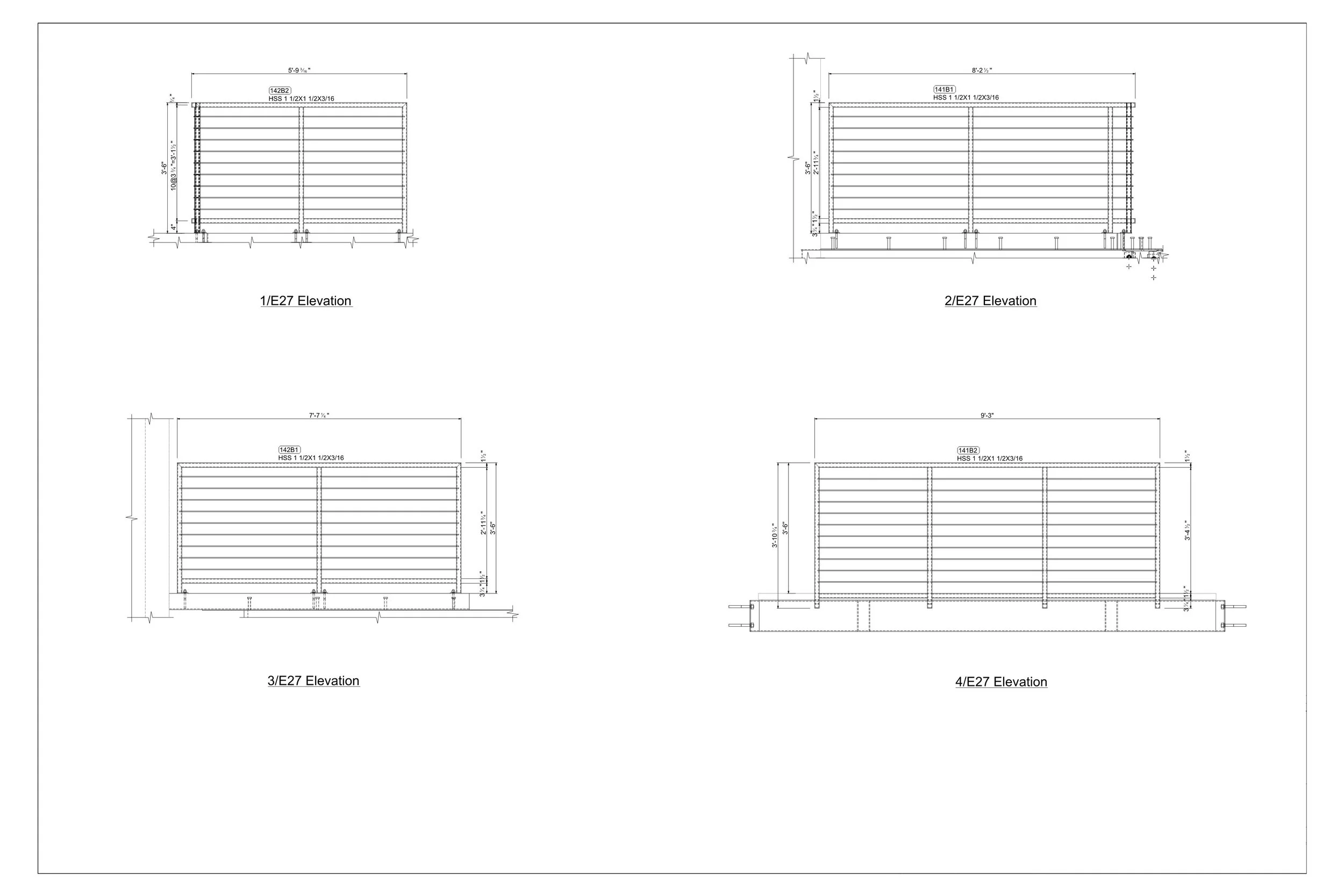 Architectural blueprint showing four elevation views of a metal structure, each labeled with elevation numbers and measurements.