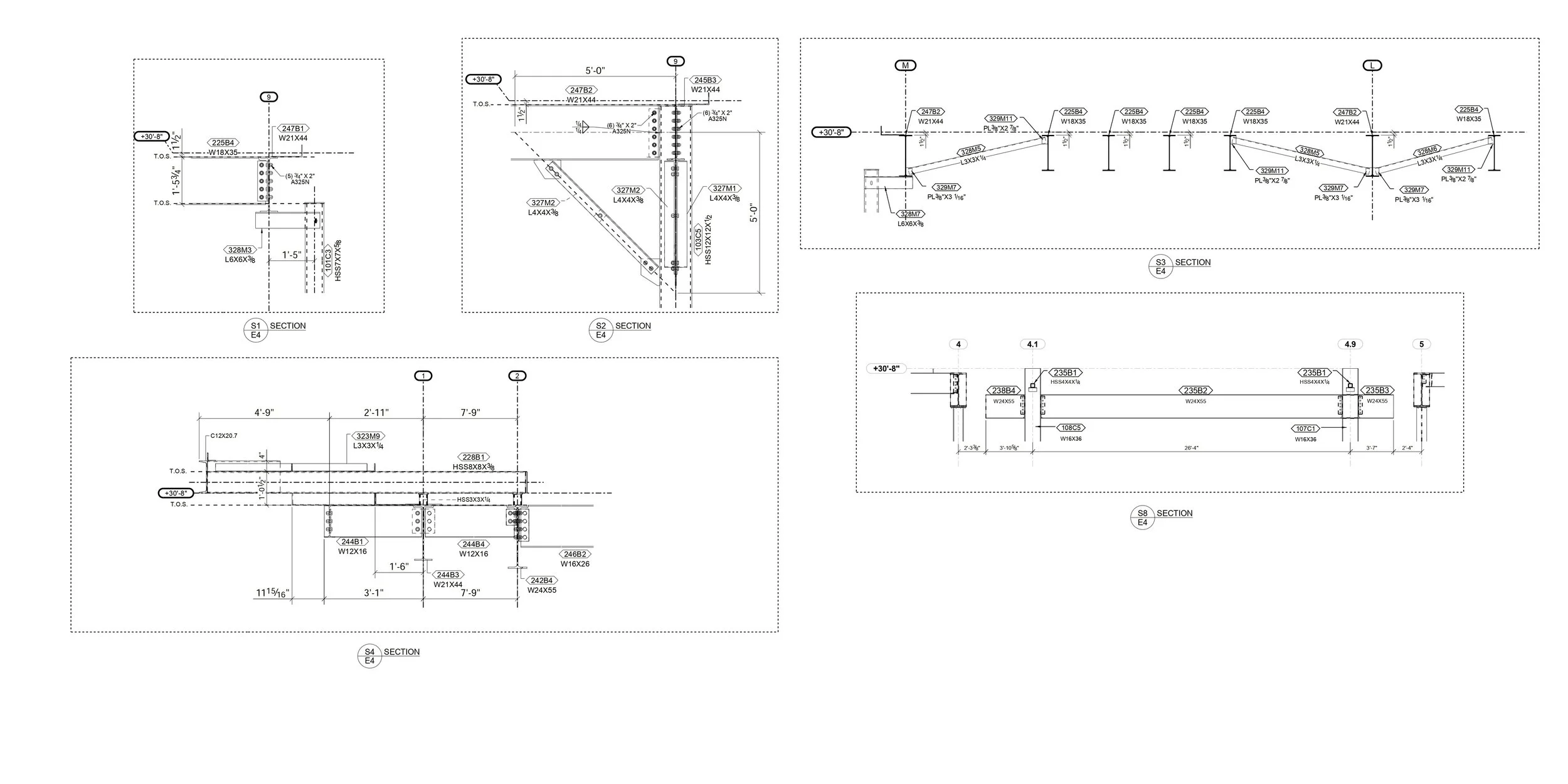 Technical engineering drawings showing various sectional views with measurements and annotations of structural components.