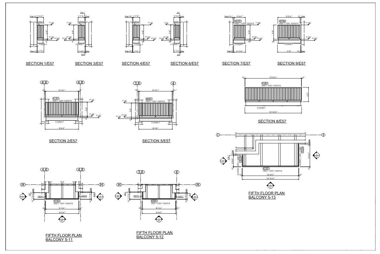 Architectural blueprint of a balcony railing with detailed measurements and section views for fifth floor plans.