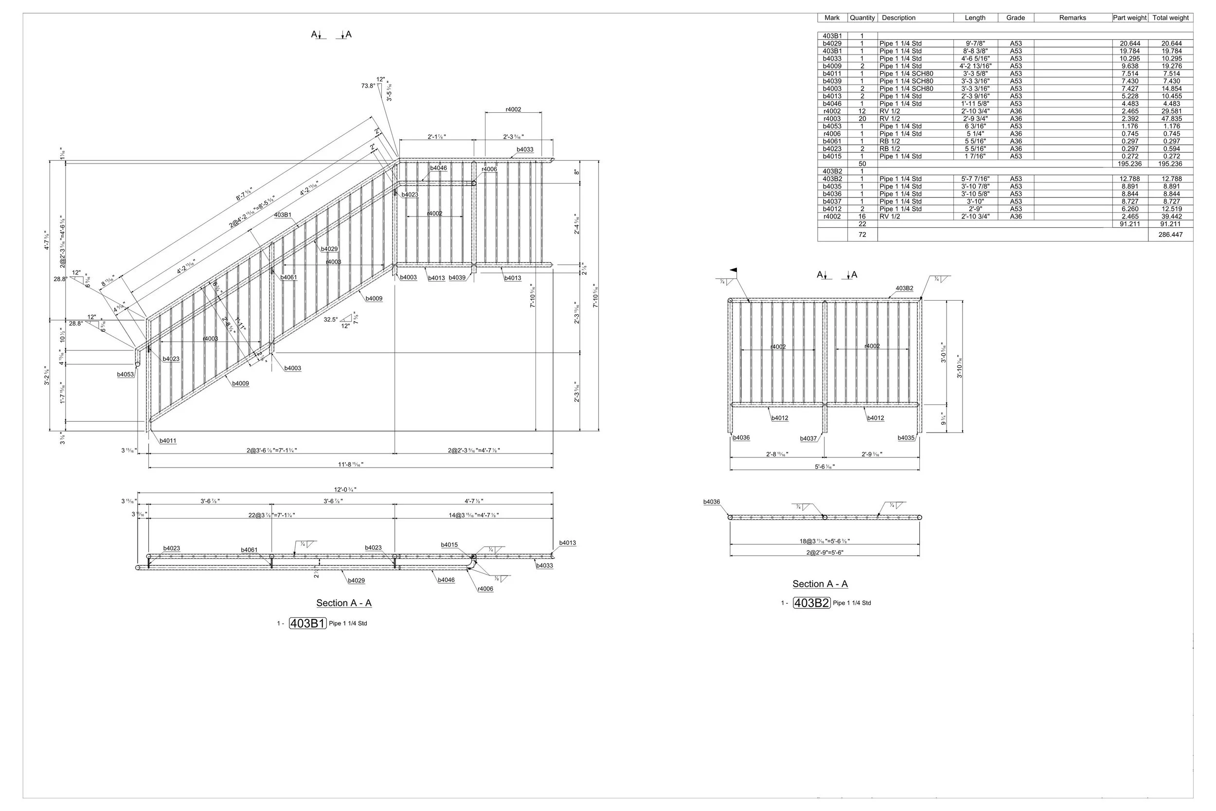 Technical drawing of a metal frame structure, showing dimensions, section views, and a parts list.