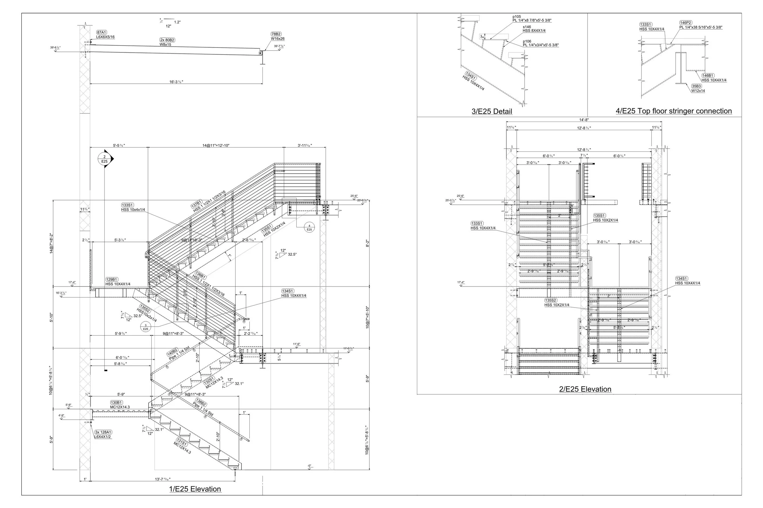 Technical drawing of a staircase with detailed measurements and annotations, including elevation and connection details.