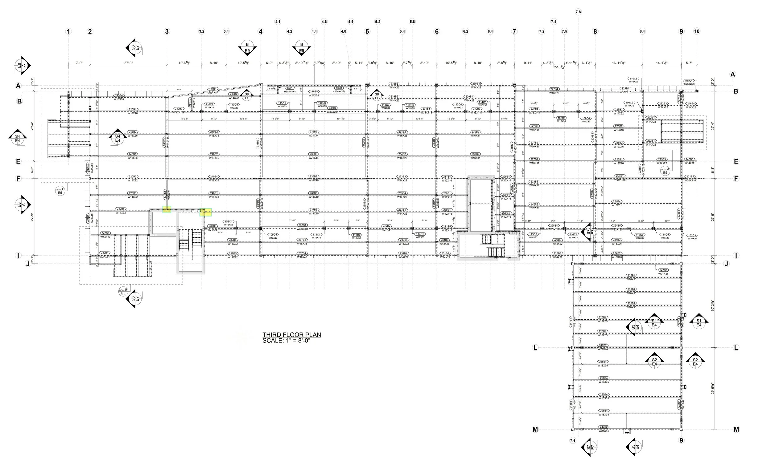 Architectural floor plan of the third floor of a building, showing structural details, walls, staircases, and measurements.
