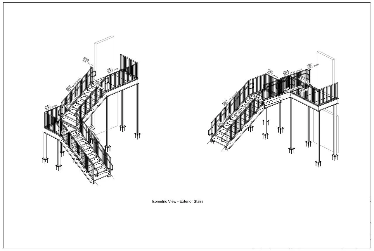 Diagram of exterior staircase design with metal railings and supports