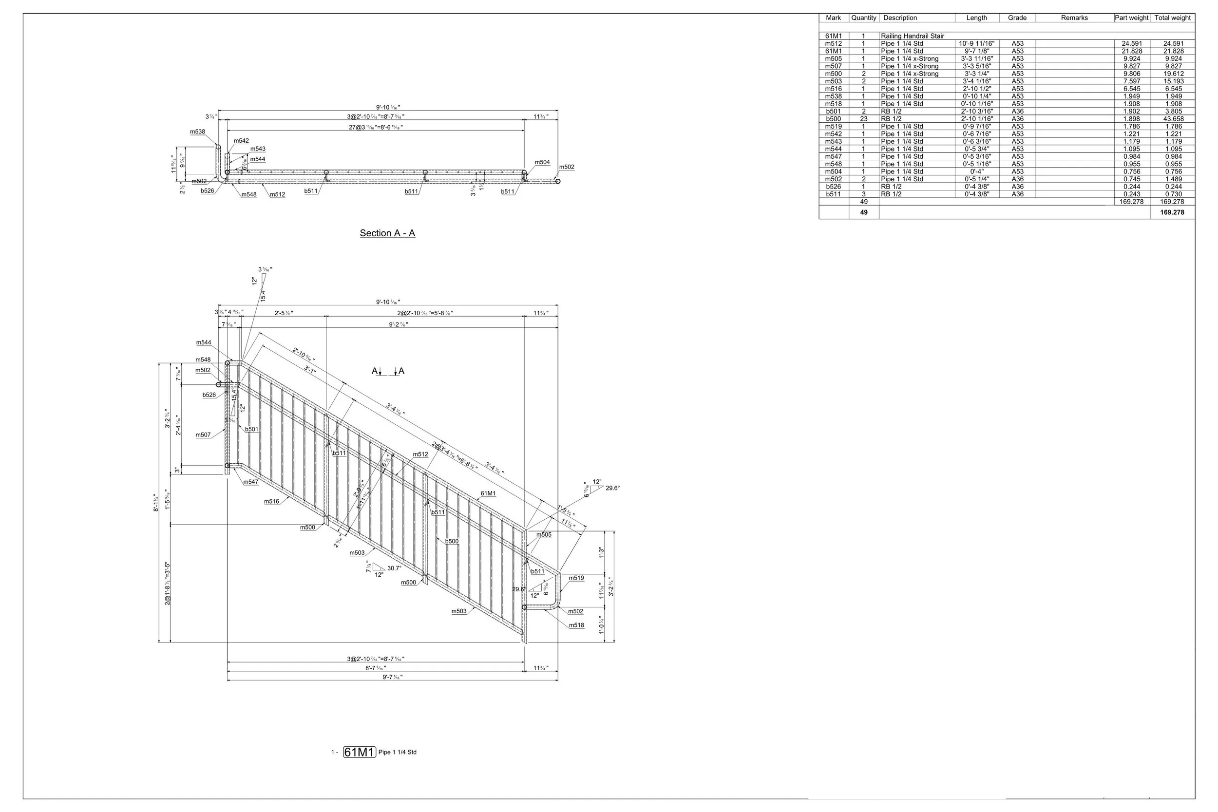 Technical drawing of a railing handrail stair and pipe structure with detailed measurements and specifications.