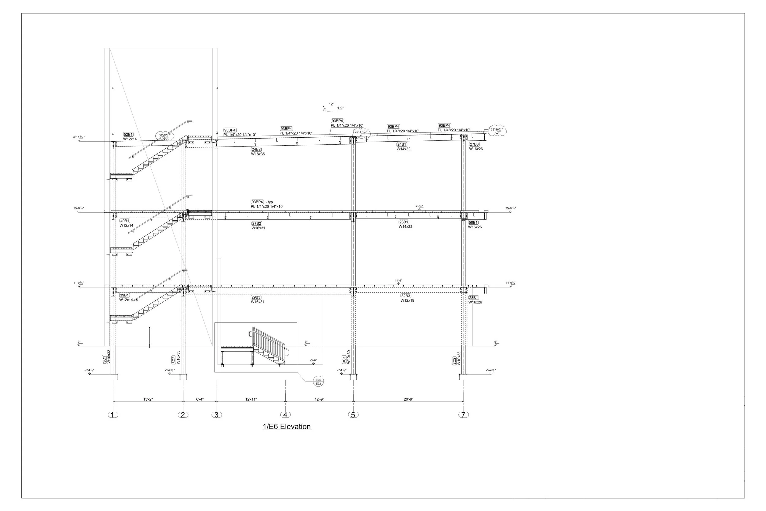 Architectural blueprint of a building's elevation, showing floor levels, stairs, and structural details.
