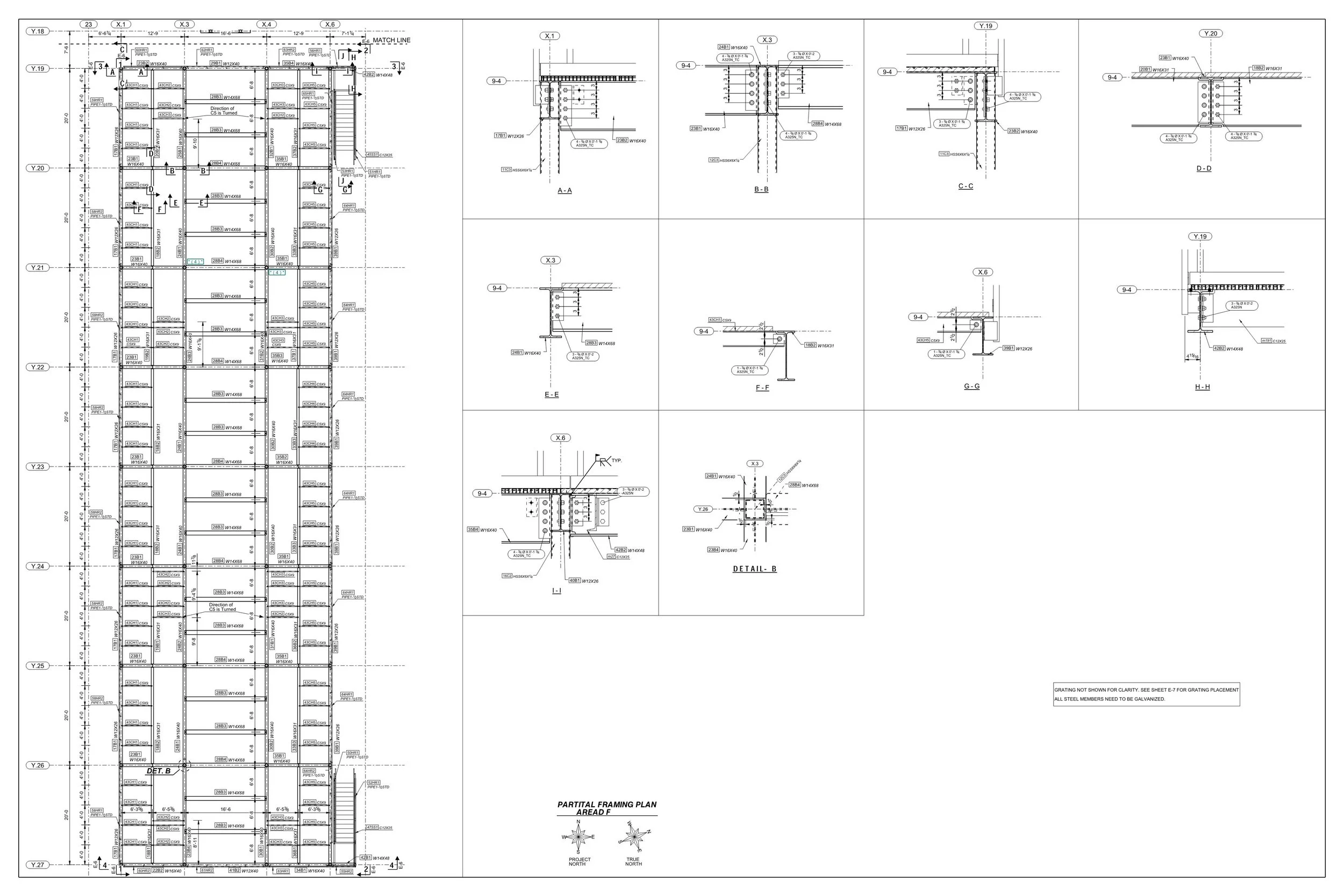 Detailed architectural or engineering plan for a building's partial framing, showing floor layout and various construction details with measurements.