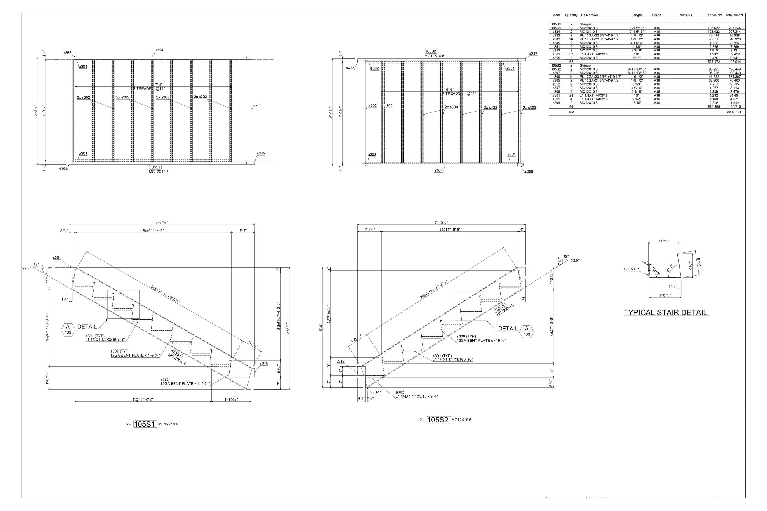 Technical construction drawing of a stairway, showing detailed plan views, side views, and a typical stair detail with specific measurements and part specifications.