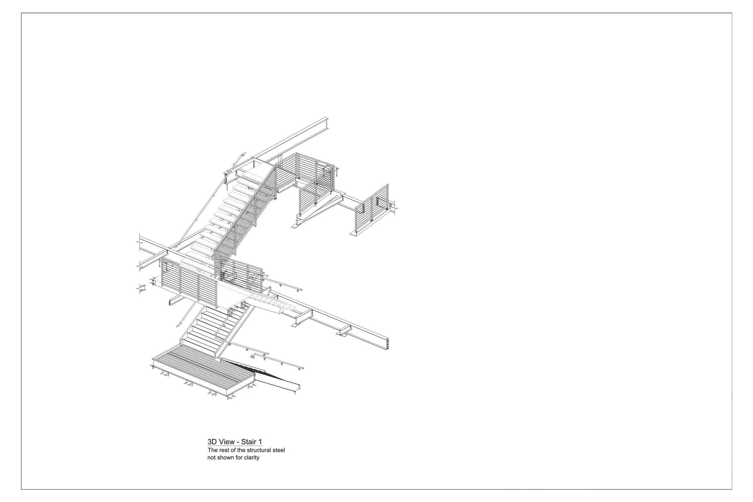 A technical drawing of a staircase structure with detailed railings, steps, and platform. It includes various supporting elements and annotations, with a note indicating that some structural steel is not shown for clarity.