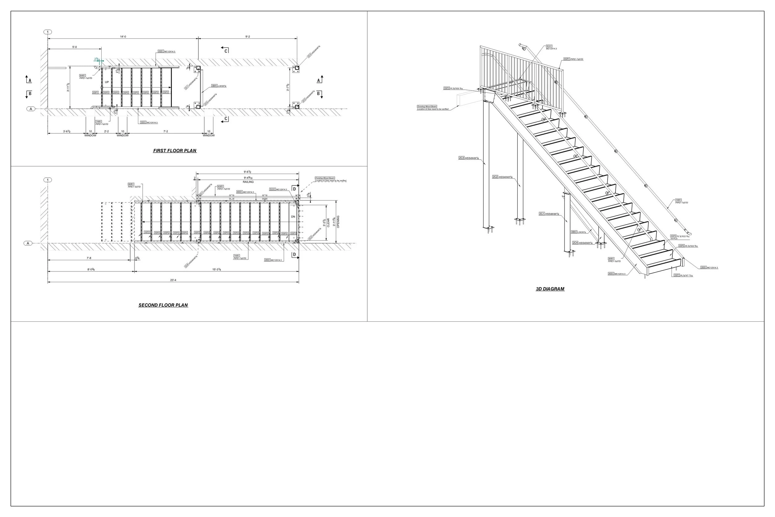 Engineering drawing of a staircase with detailed floor plans, side views, and a 3D diagram, including measurements and structural notes.