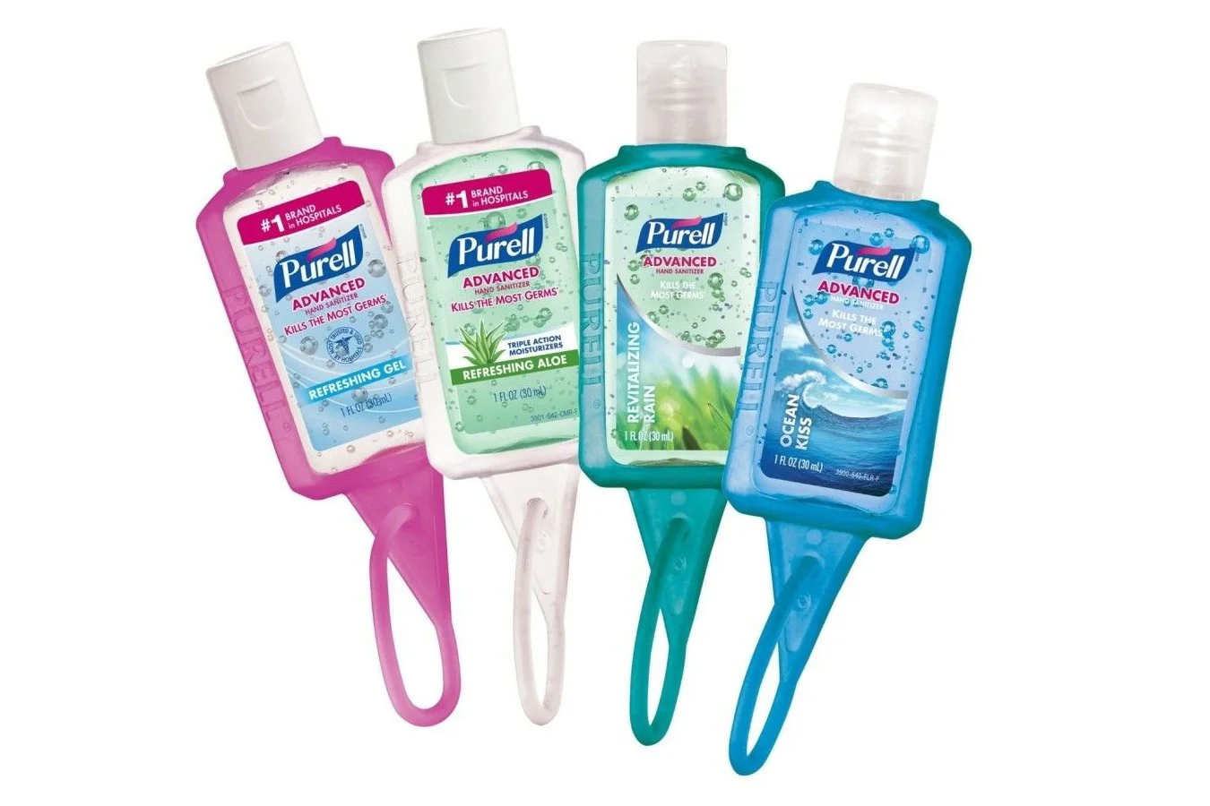 Set of four Purell travel bottles with jelly wrap jackets