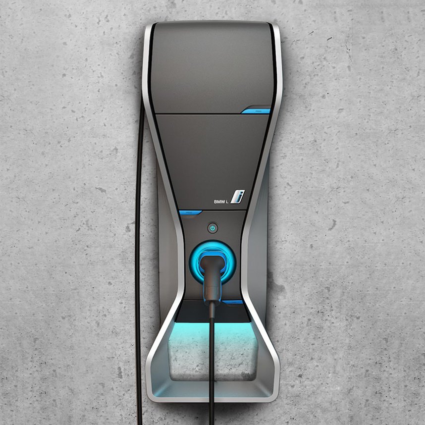 BMW i series wall charger on a concrete wall