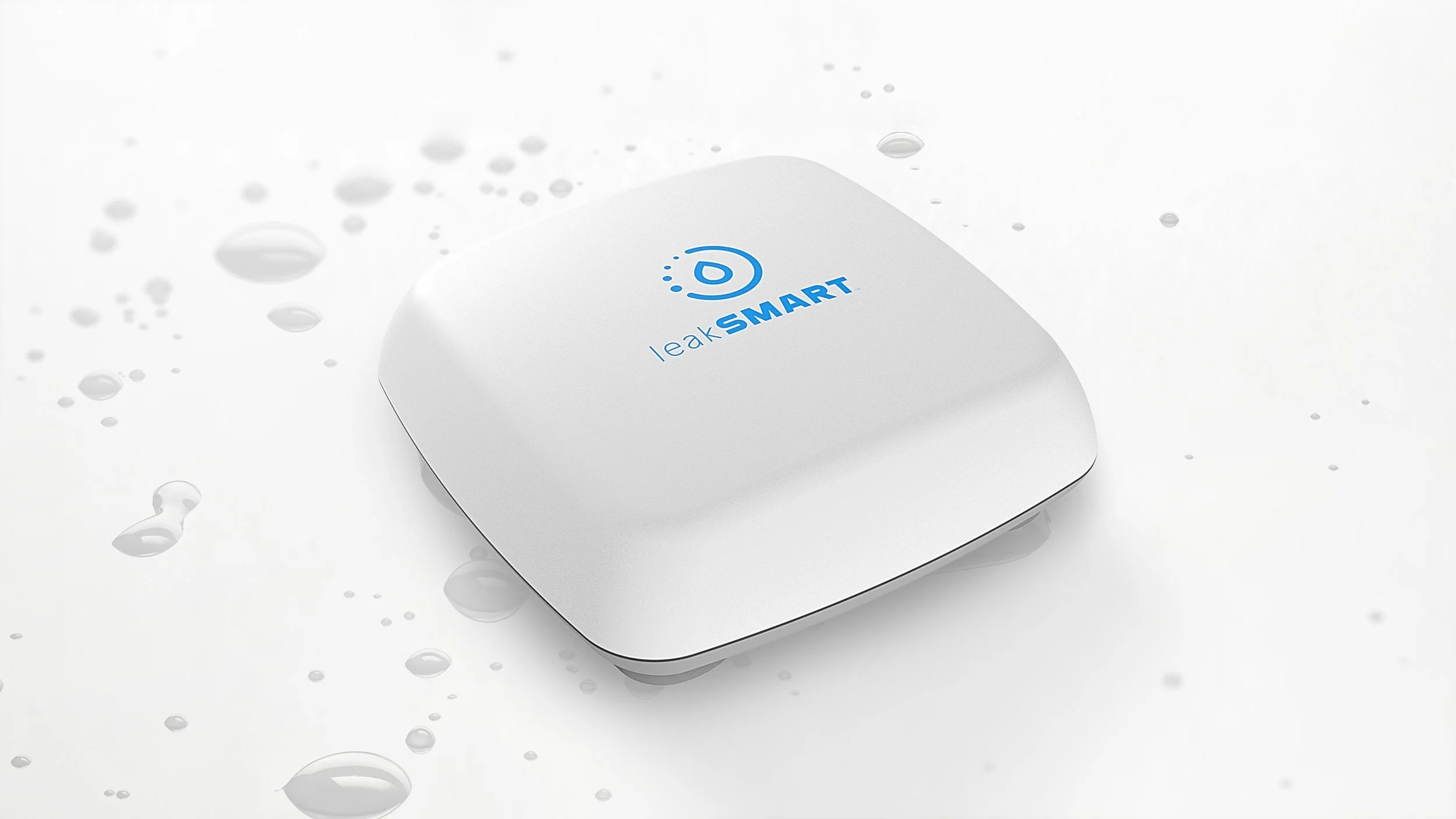 IoT leak detector device with water droplets around it on a white background