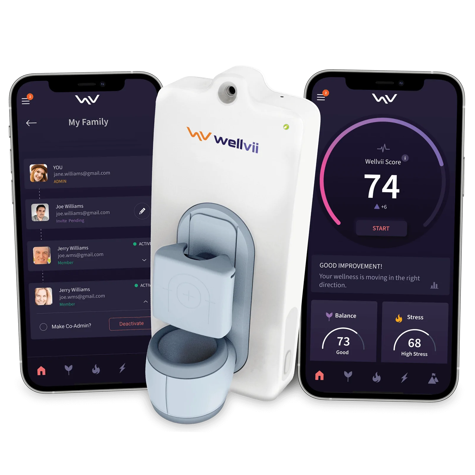 Wellvii device with app screens on a white background