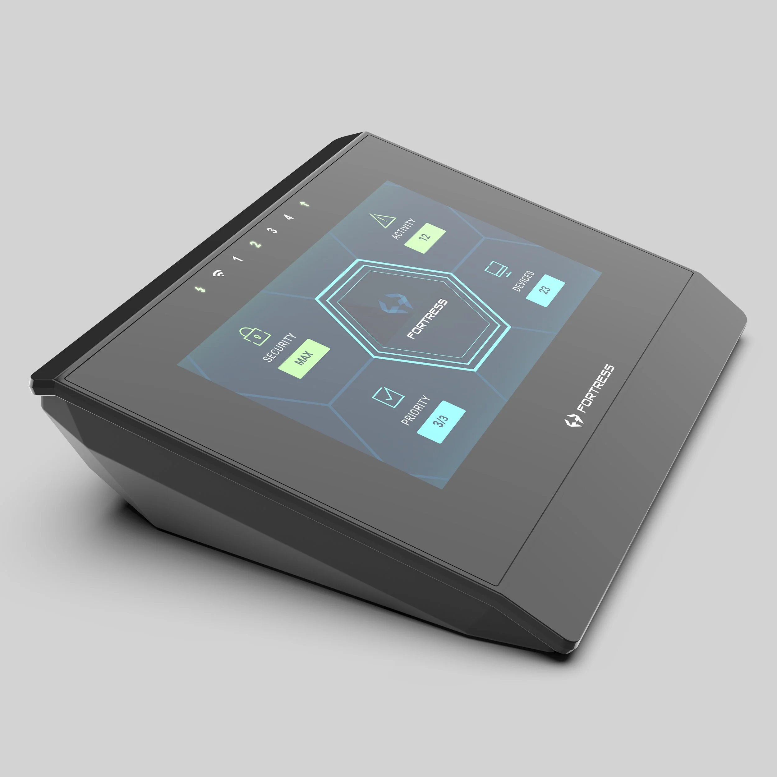 WiFi router with a screen on a light gray background