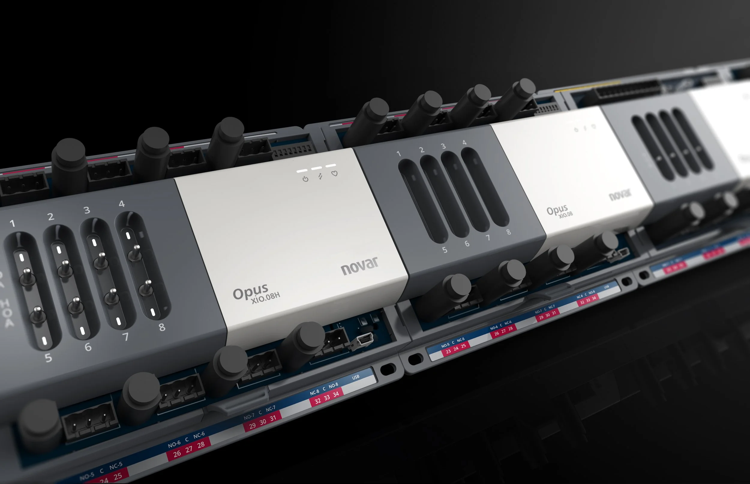 Honeywell-Novar rack modules on a black background