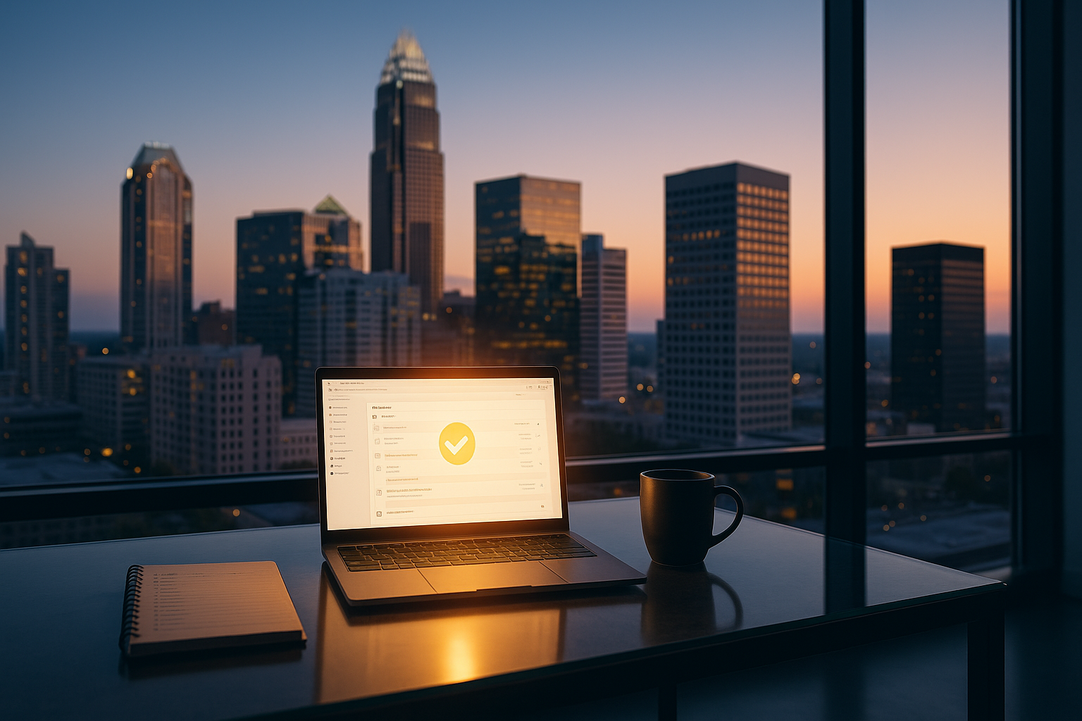 Modern Charlotte Office with Skyline View and Seamless Business Technology.