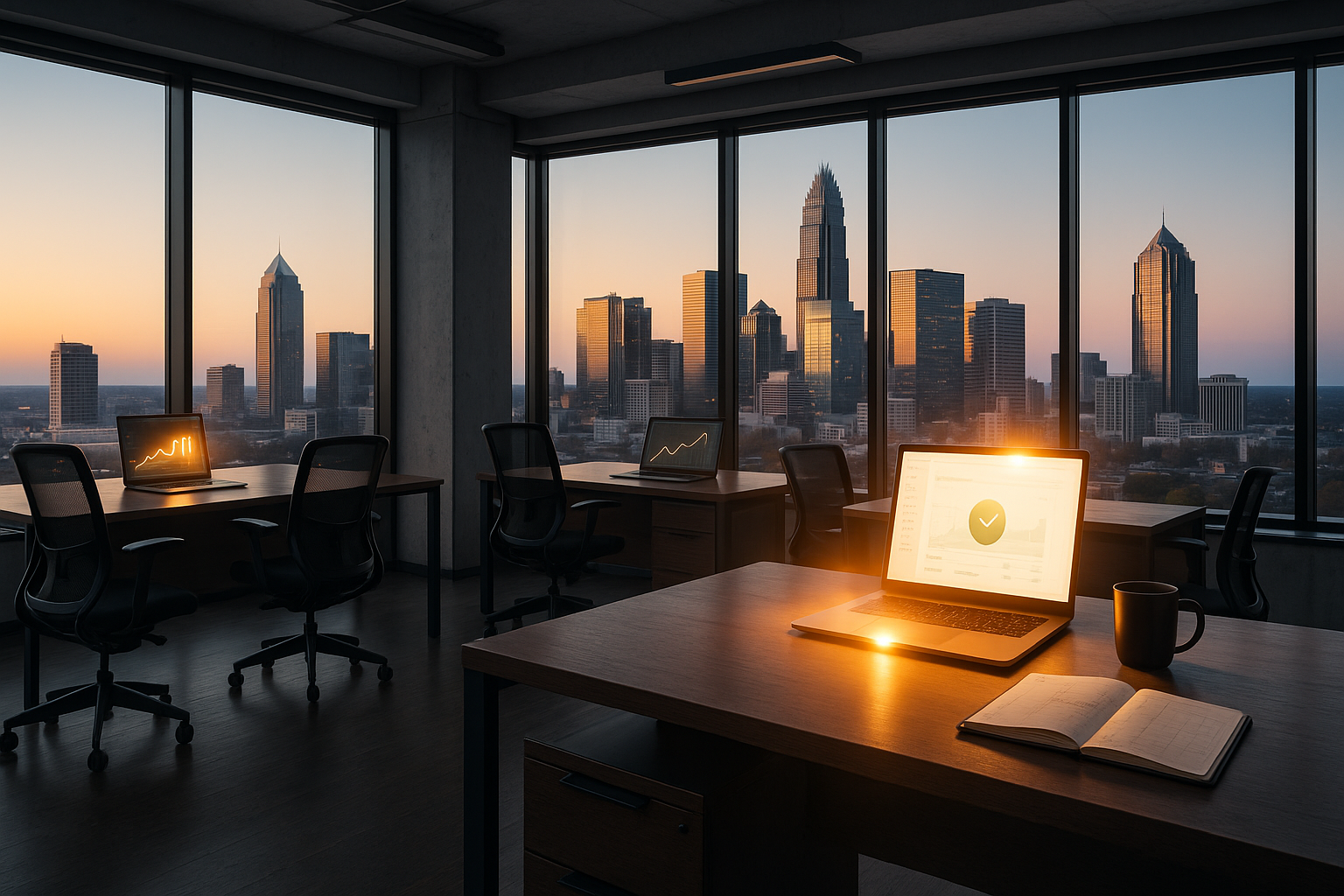 Charlotte office skyline, modern office with tech, IT support Charlotte, business technology Charlotte, secure digital workplace, zero-touch IT, Charlotte tech companies, digital transformation, productive office design, panoramic office view