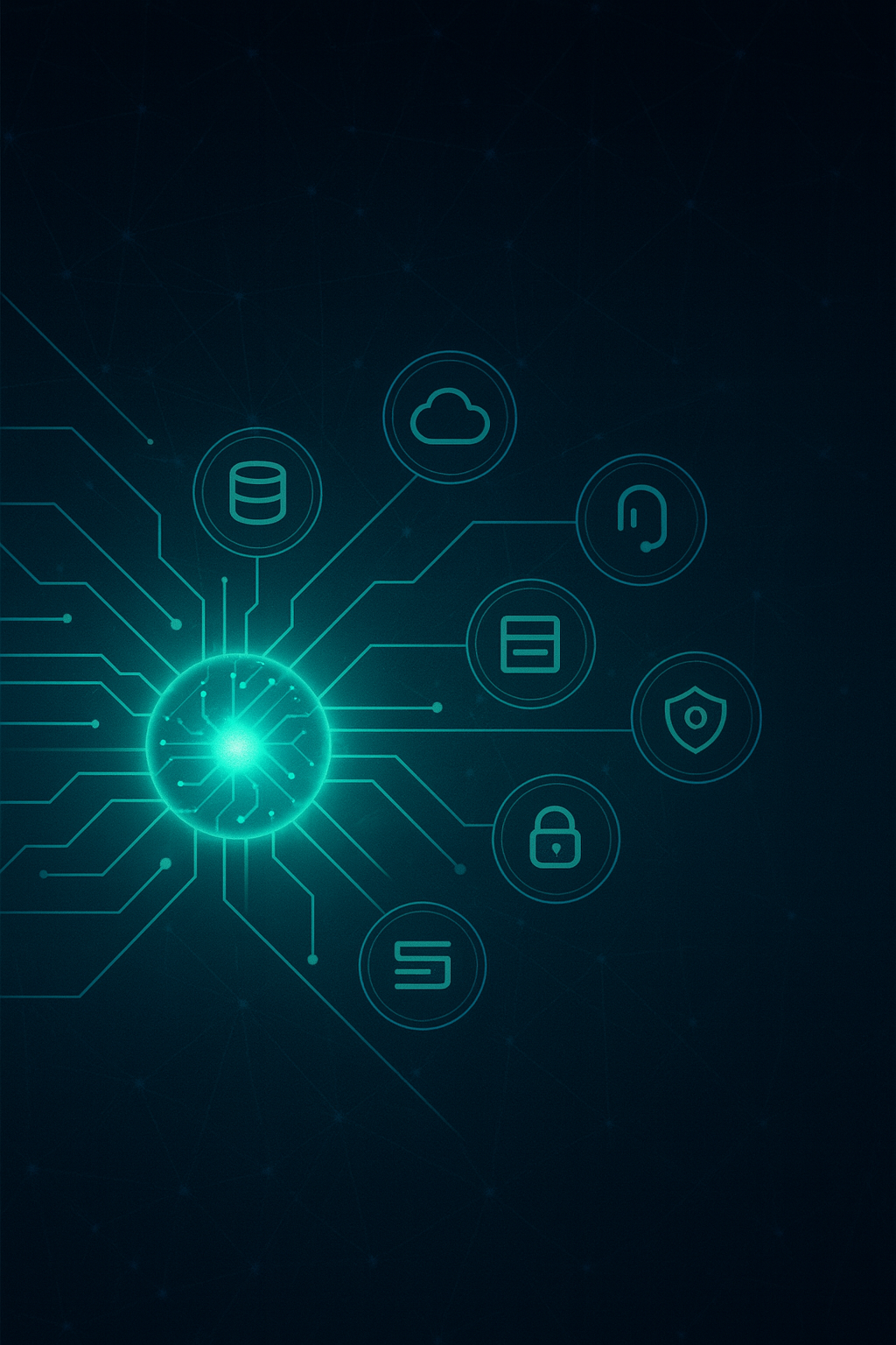 Digital illustration of a glowing central node connected to icons representing database, cloud storage, headset, security shield, lock, and messaging, on a dark blue background with a network of lines and points. Charlotte IT Managed Services