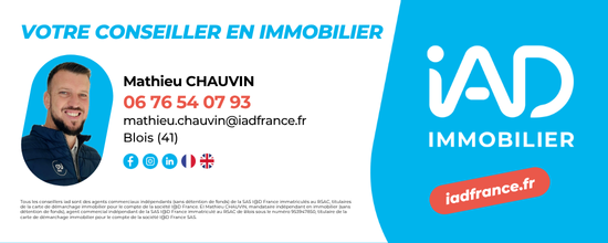 Carte de visite immobilière avec photo d'un conseiller, nom Mathieu Chauvin, contact téléphonique, email, lien vers le site iadfrance.fr, et logo iad immobilier en bleu et blanc.