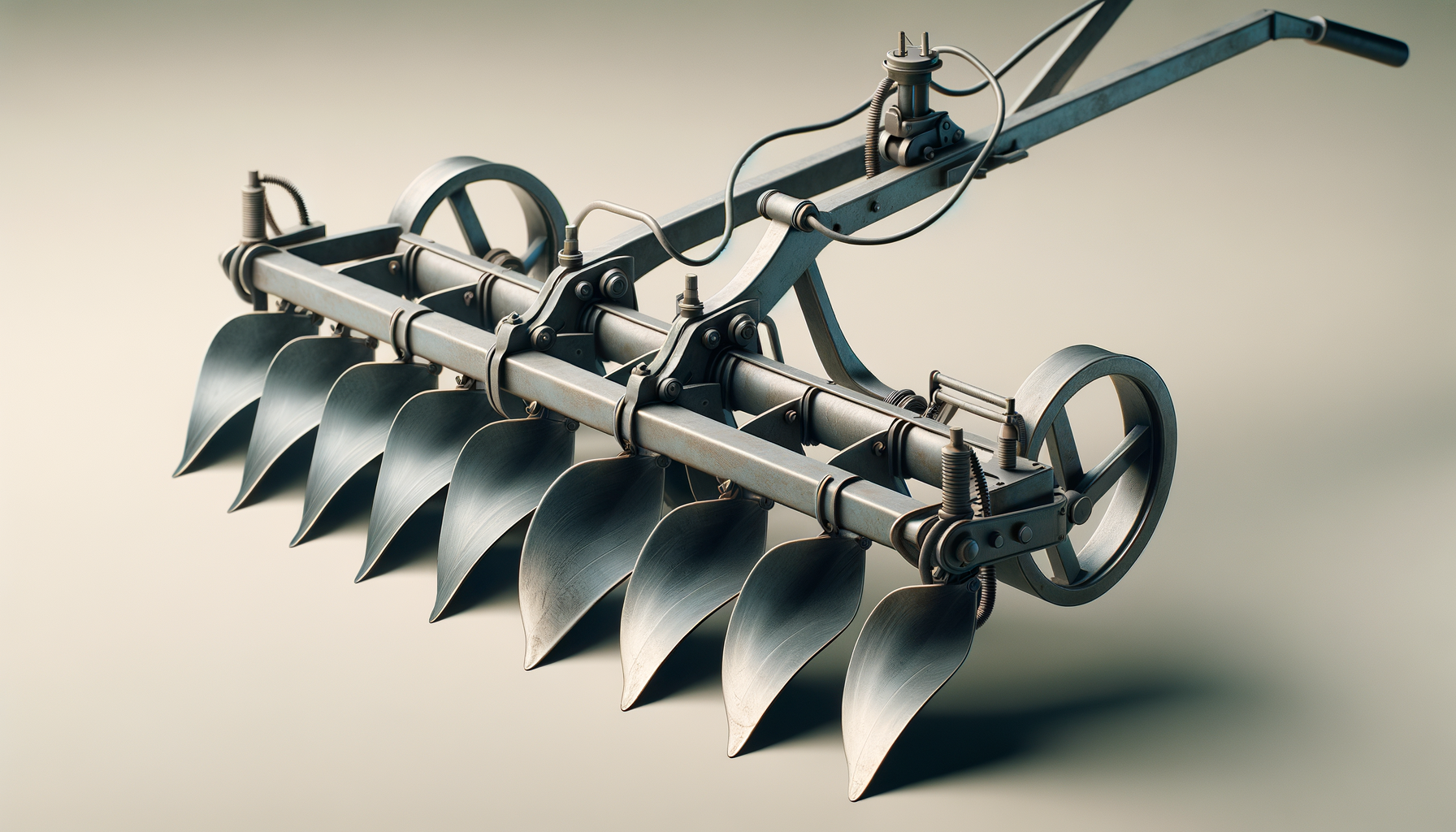 Close-up of a vintage plow with metal blades and mechanical parts.