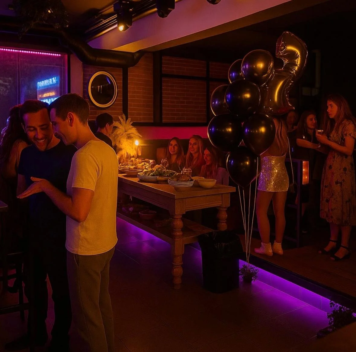 People celebrating at a birthday party with black balloons, food on a table, and a woman in a gold top holding a drink, with purple party lighting.