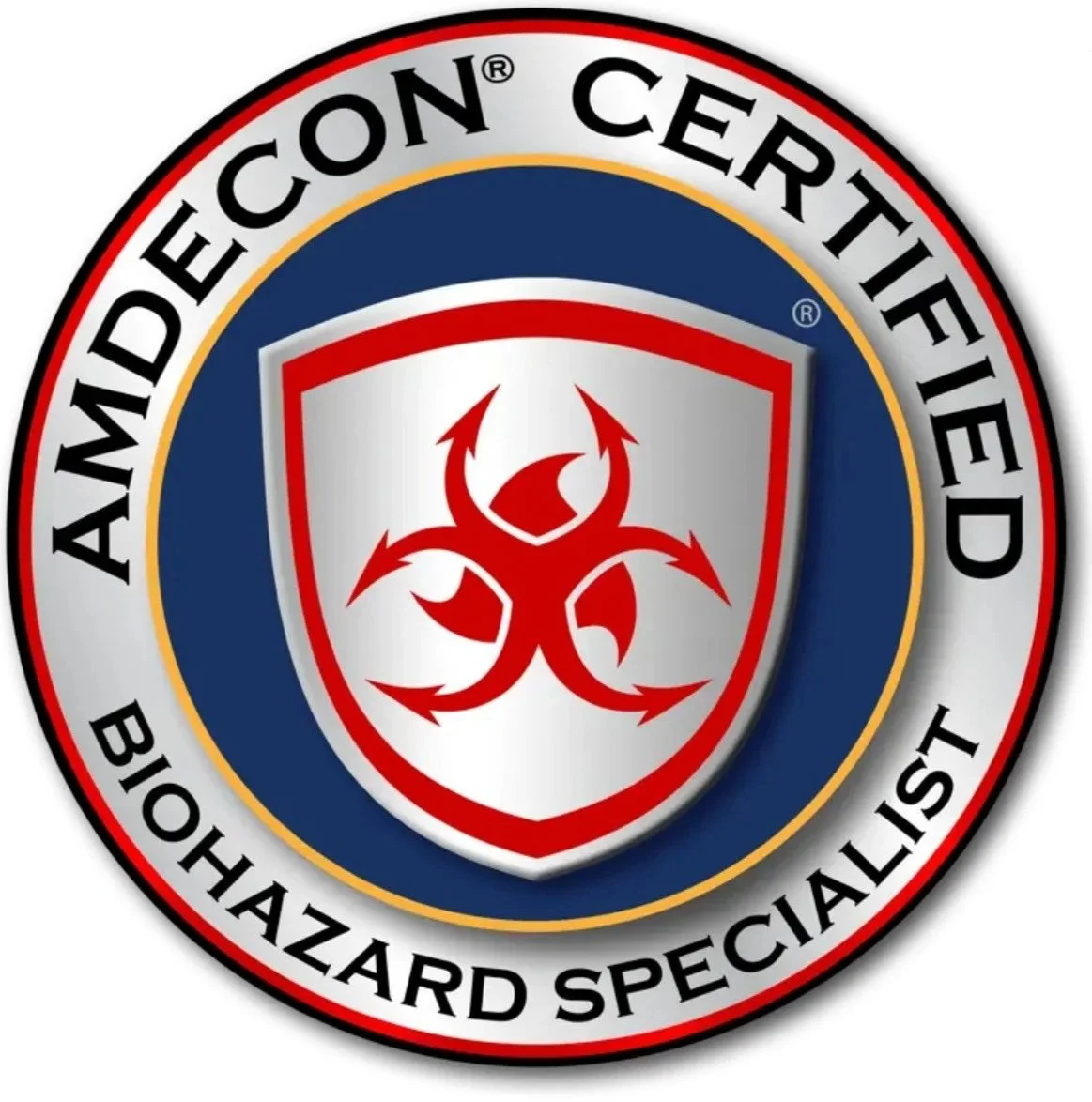Ambdecon Certified Biohazard Specialist logo with biohazard symbol inside a shield.