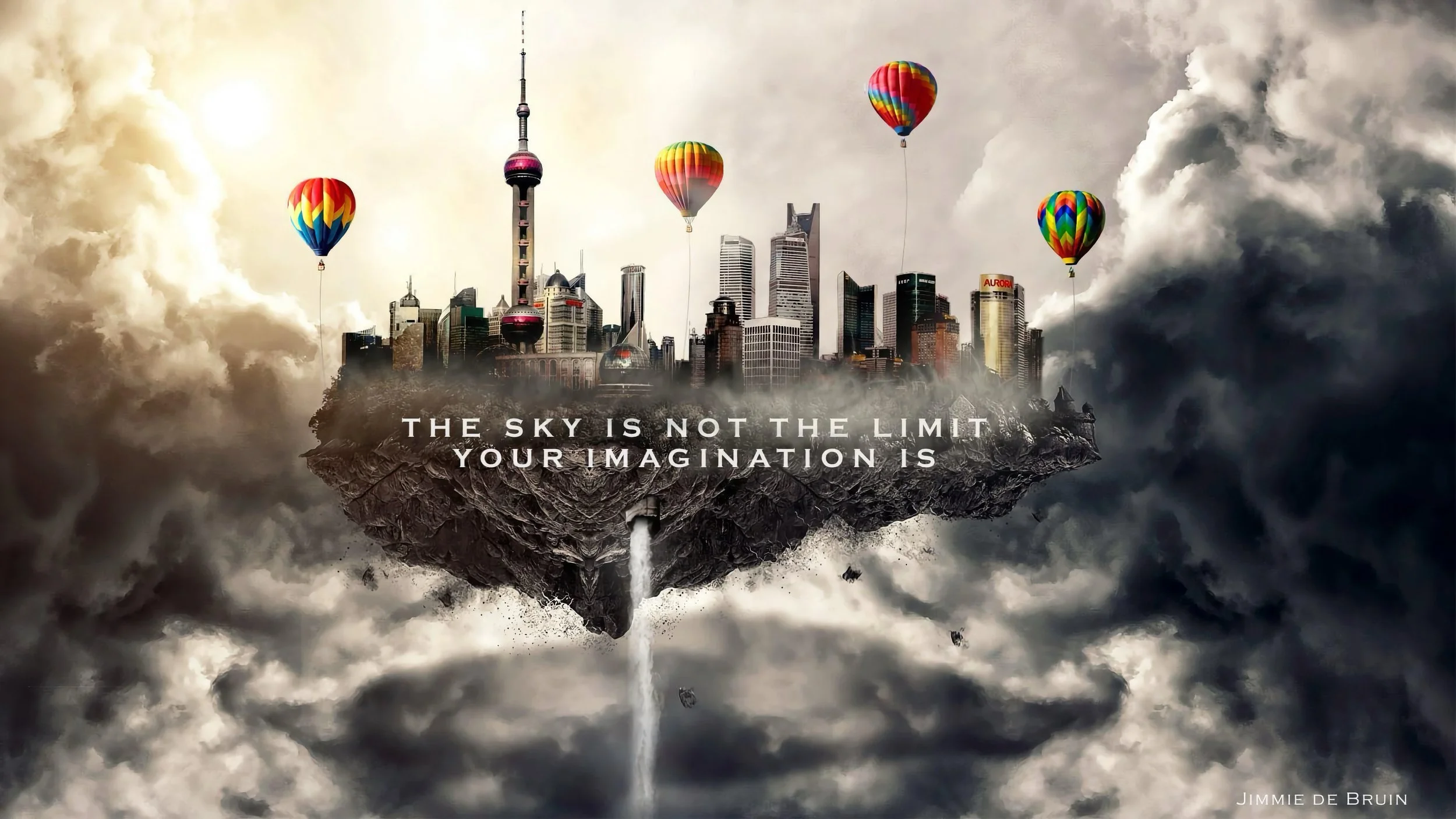 En svävande ö i luften. Ön lyfts upp av ballonger. På ön finns en stad med skyskrapor. Bakom ön syns himlen med moln.