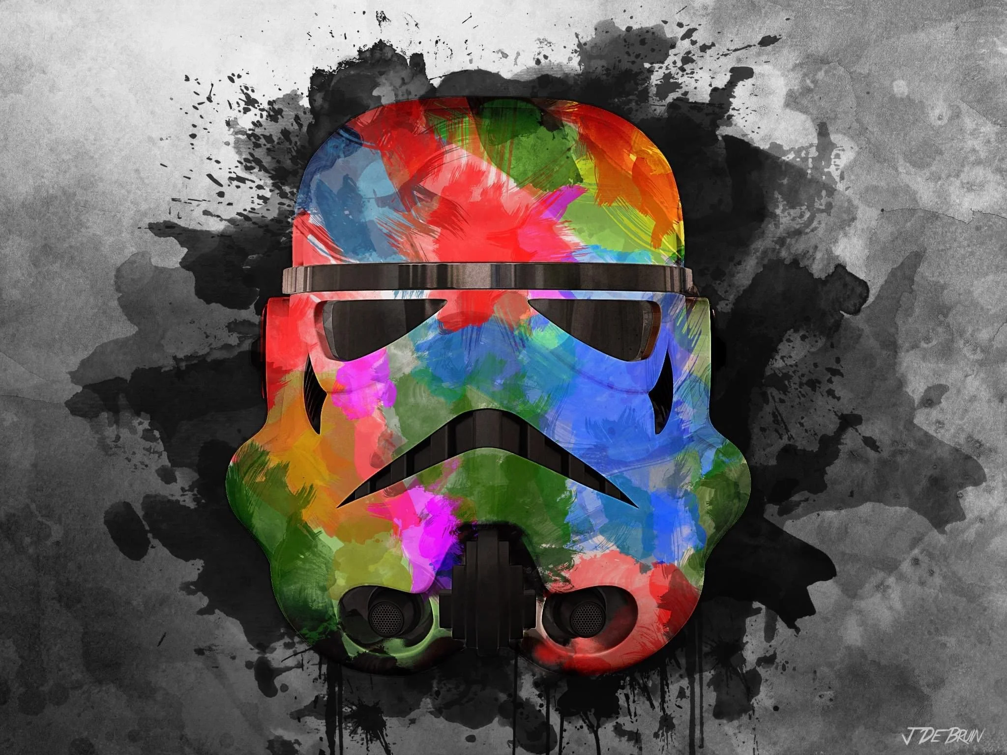 En stormtrooper-hjälm från Star Wars med en färgglada, abstrakta färgklick över på en grå och mörk bakgrund. 