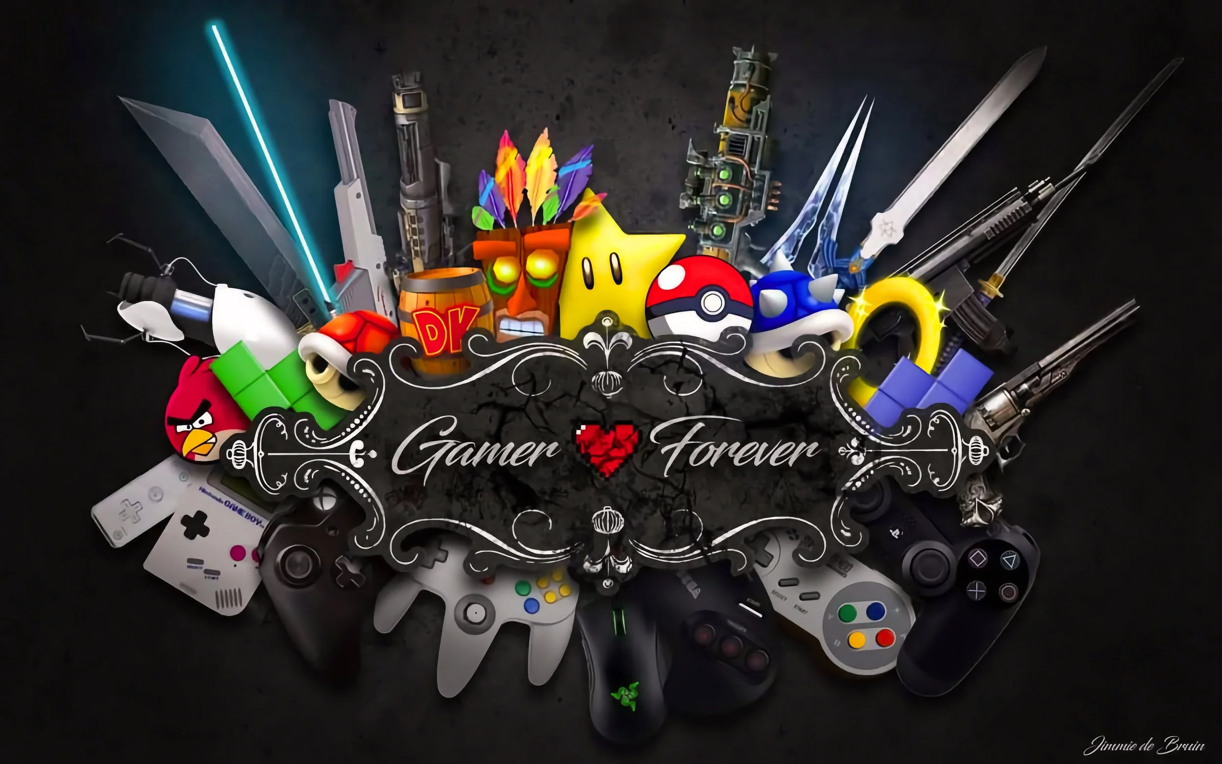 En samling av speltillbehör och leksaker arrangerade I en cirkel med en centrerad text som lyder "Gamer Forever" med ett hjärta mellan orden. 