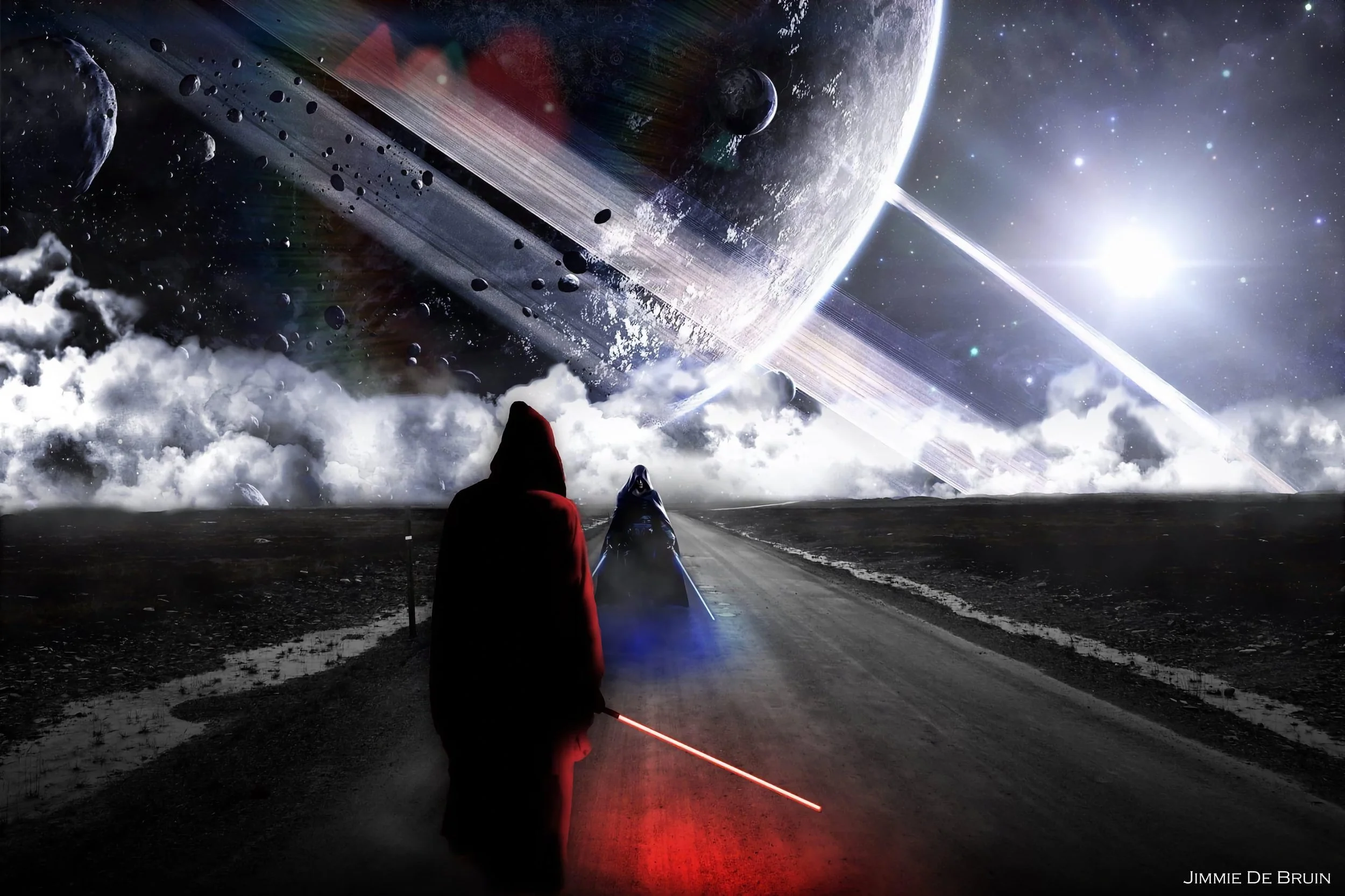 Två figurer utklädda till jedis ståendes mot varandra på en väg med ett futuristiskt sci-fi-landskap i bakgrunden. 