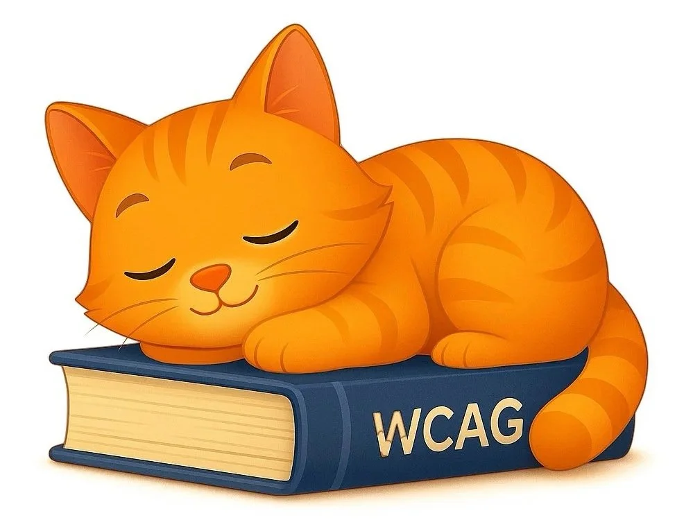 En illustrerad orange katt som sover på en blå bok med titeln WCAG.
