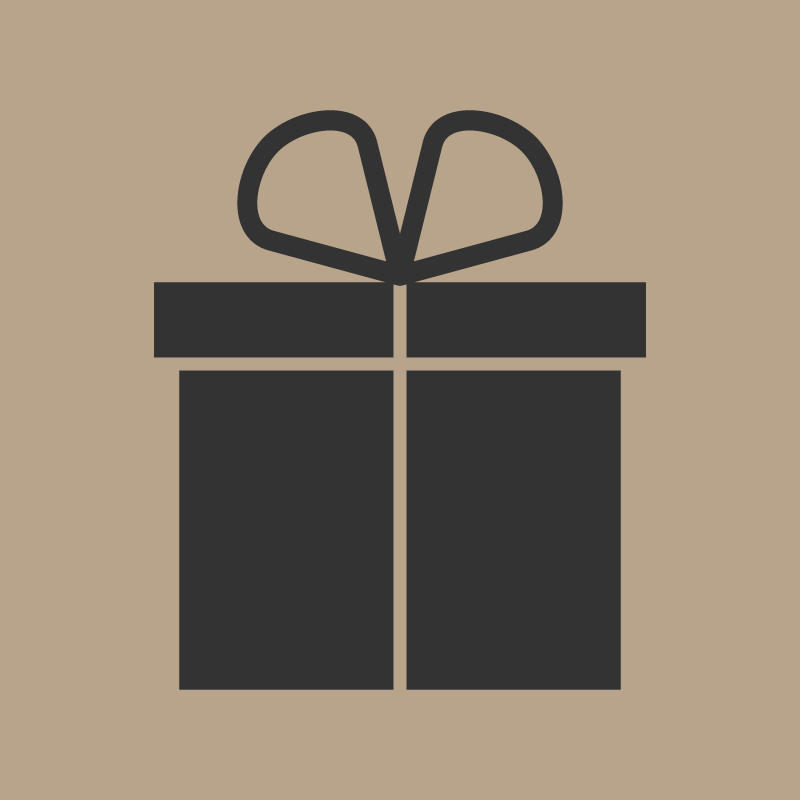 Silhouette of a gift box with a bow on top, colored in dark gray against a beige background.