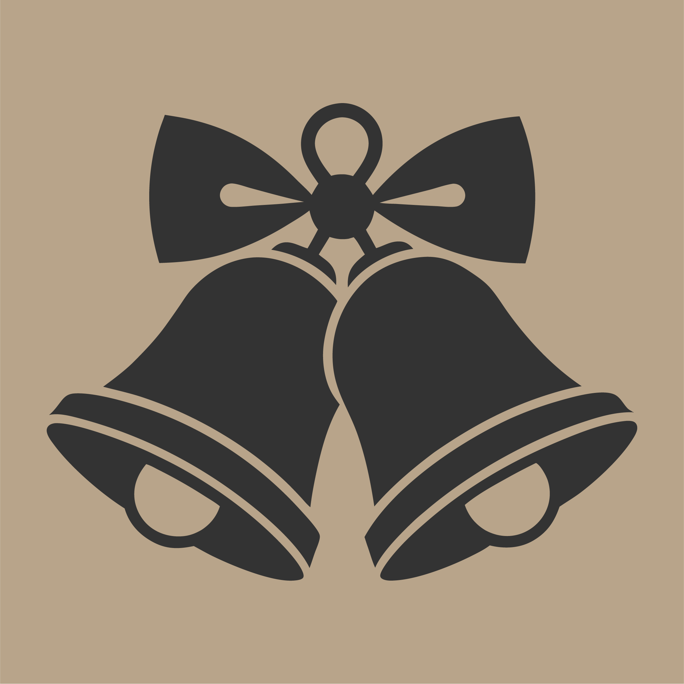 Black silhouette of two Christmas bells with a bow on a beige background.